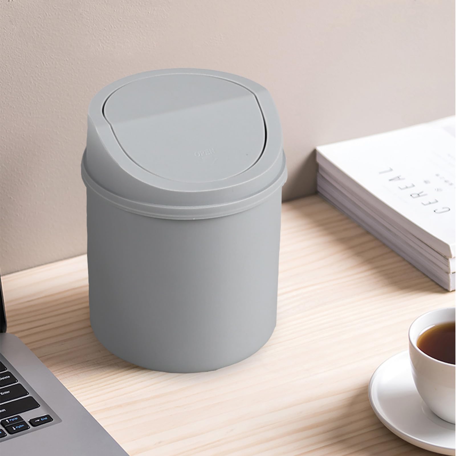 0.5 Gallon Mini Desktop Trash Can with Swing Lid - Small Office Waste Bin for Desk, Bathroom, or Bedroom - Space-Saving Gray Garbage Can for Home & Office Use