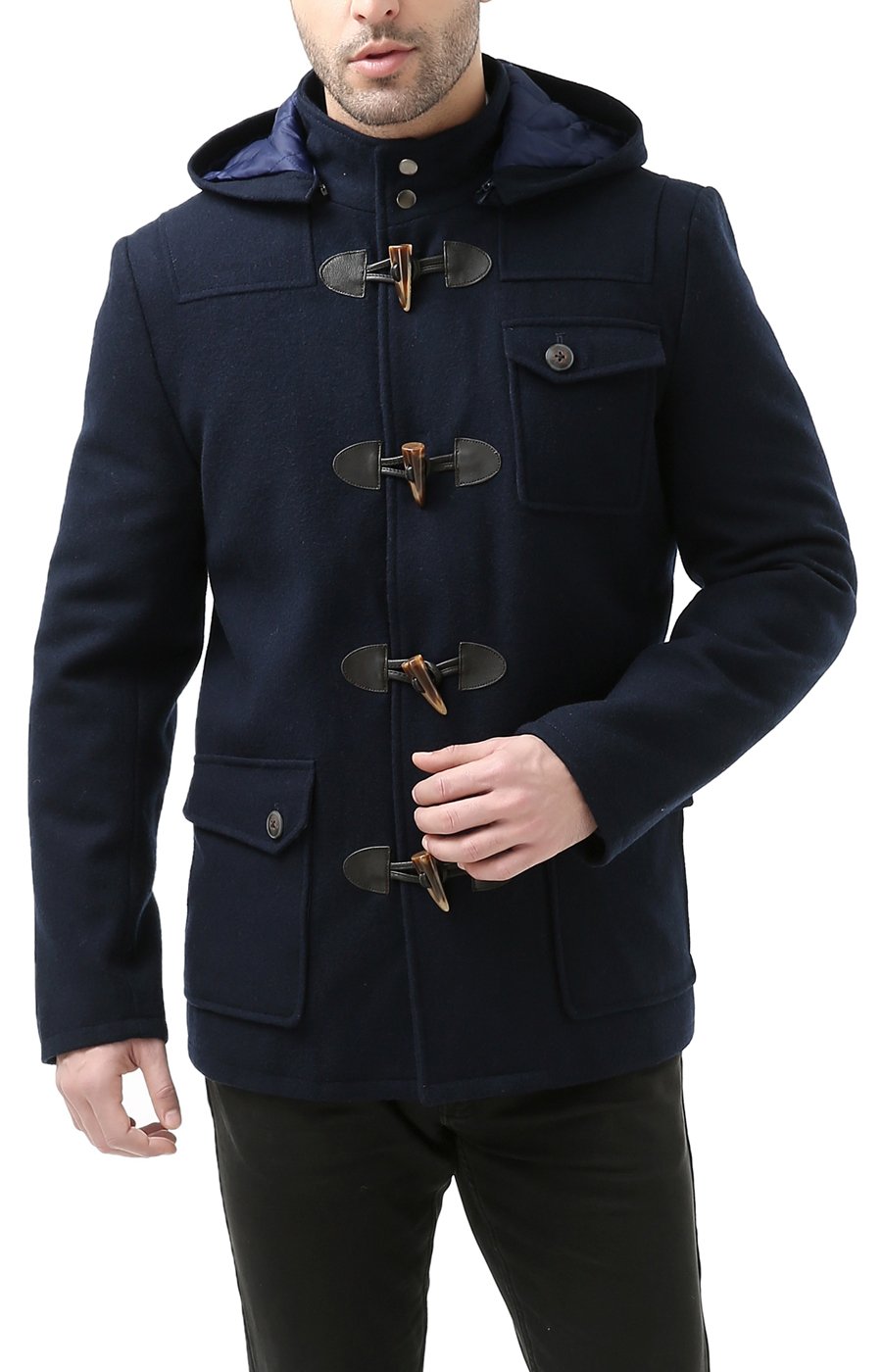 BGSD Men's Nathan Wool Blend Single Breasted Hooded Duffle Coat - Winter Walking Short Toggle Jacket for Outdoor Activities & Casual Wear