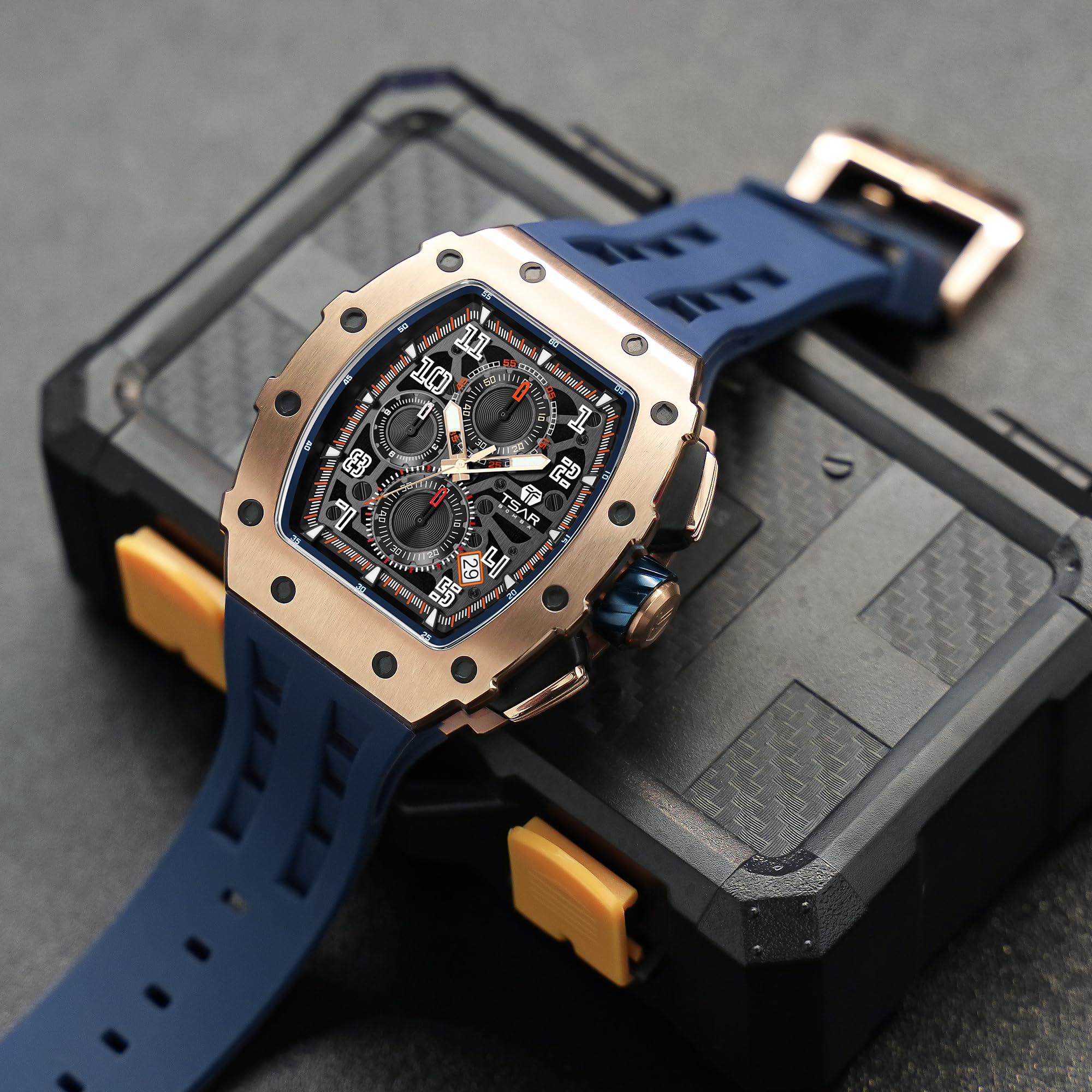 TSAR BOMBA Luxury Men's Watch - 50M Waterproof Tonneau Chronograph with Japanese Quartz Movement & Silicone Band - Perfect for Business, Casual Wear & Gifts for Men