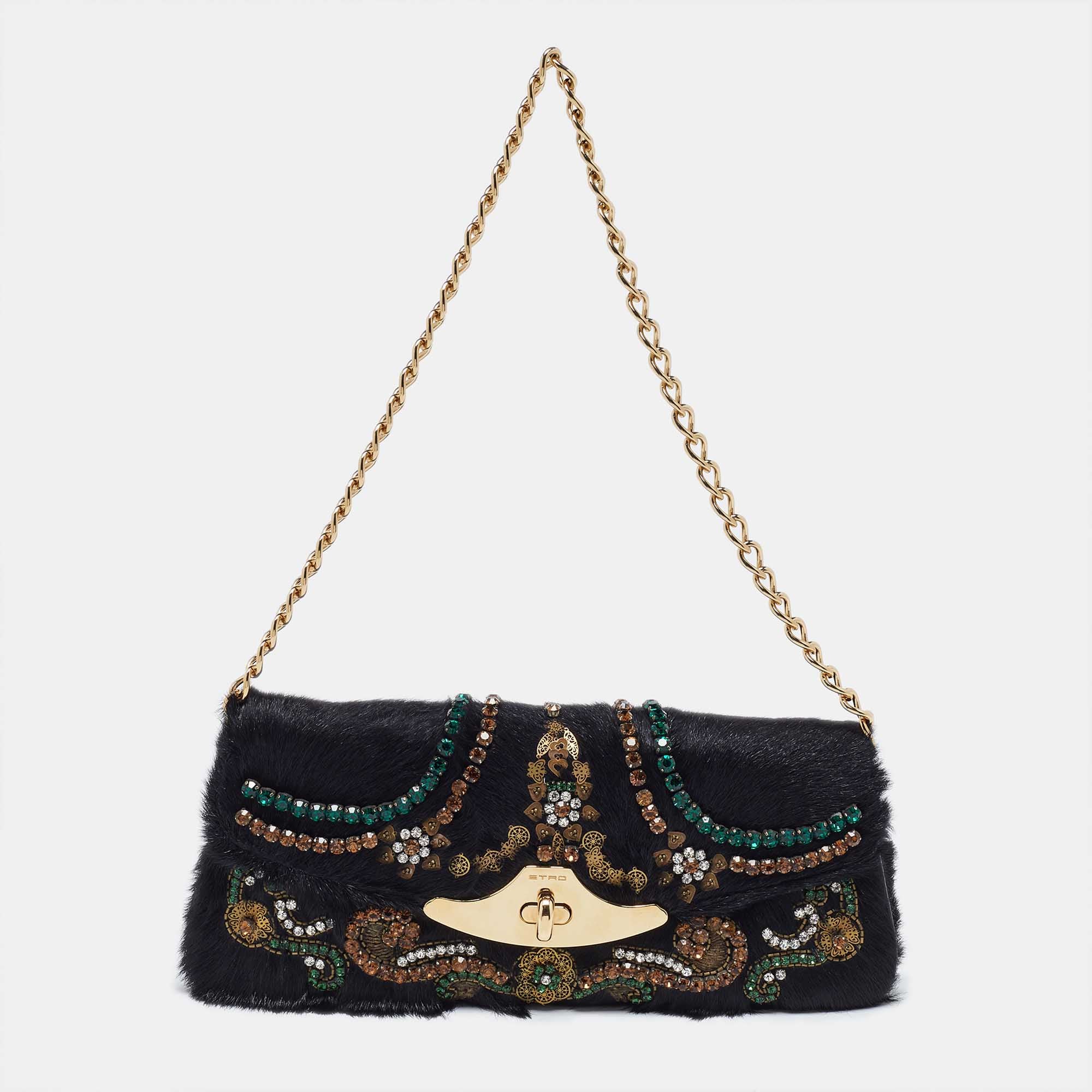 Luxury Black Calfhair Clutch Bag with Crystal Embellishments & Turn-Lock Closure - Elegant Evening Bag for Parties, Weddings & Special Occasions