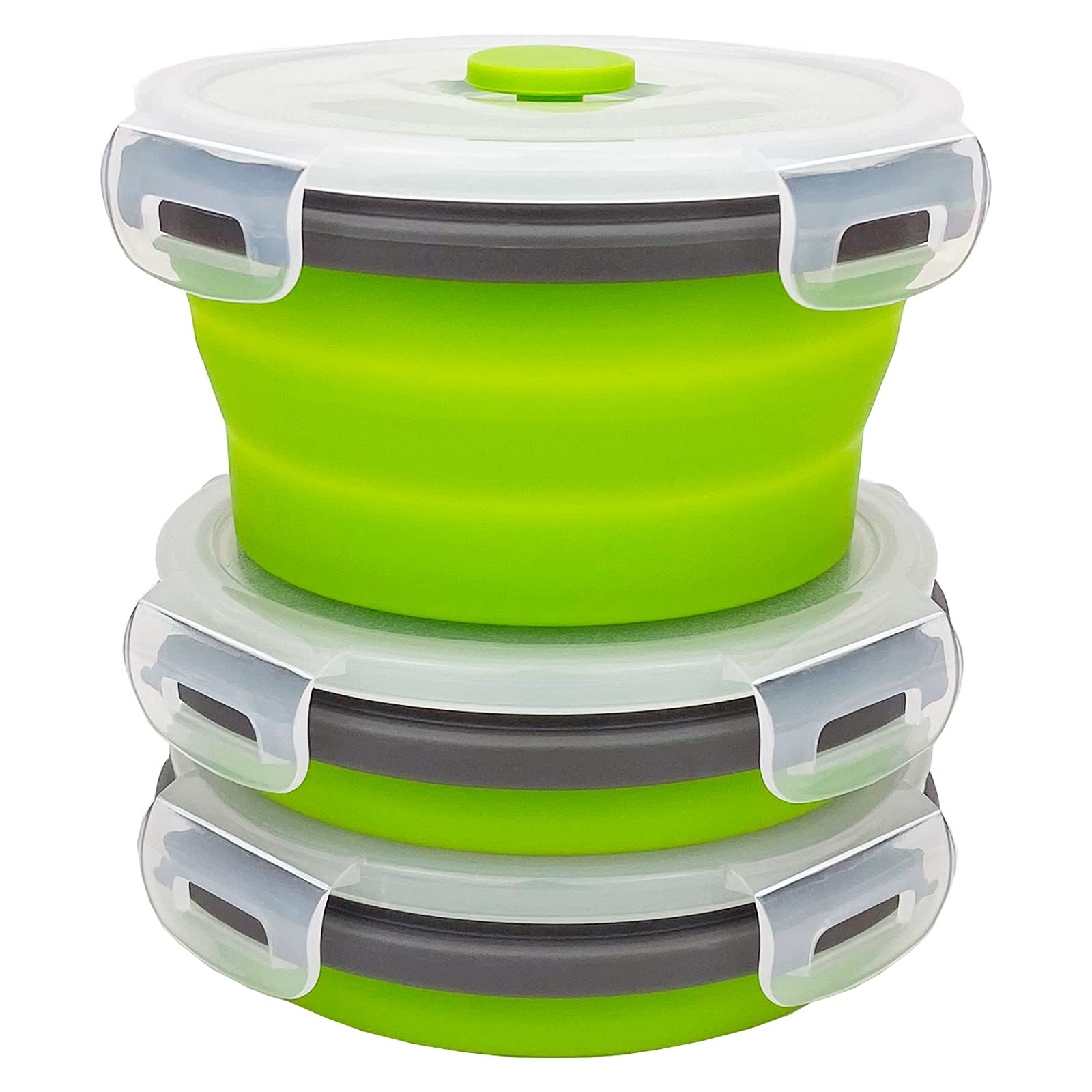 CCyanzi 3-Piece Collapsible Silicone Food Storage Bowls with Lids - Microwave, Freezer & Dishwasher Safe - Space Saving Kitchen & Camping Containers (Green Gray) - Perfect for Meal Prep, Leftovers & Outdoor Adventures