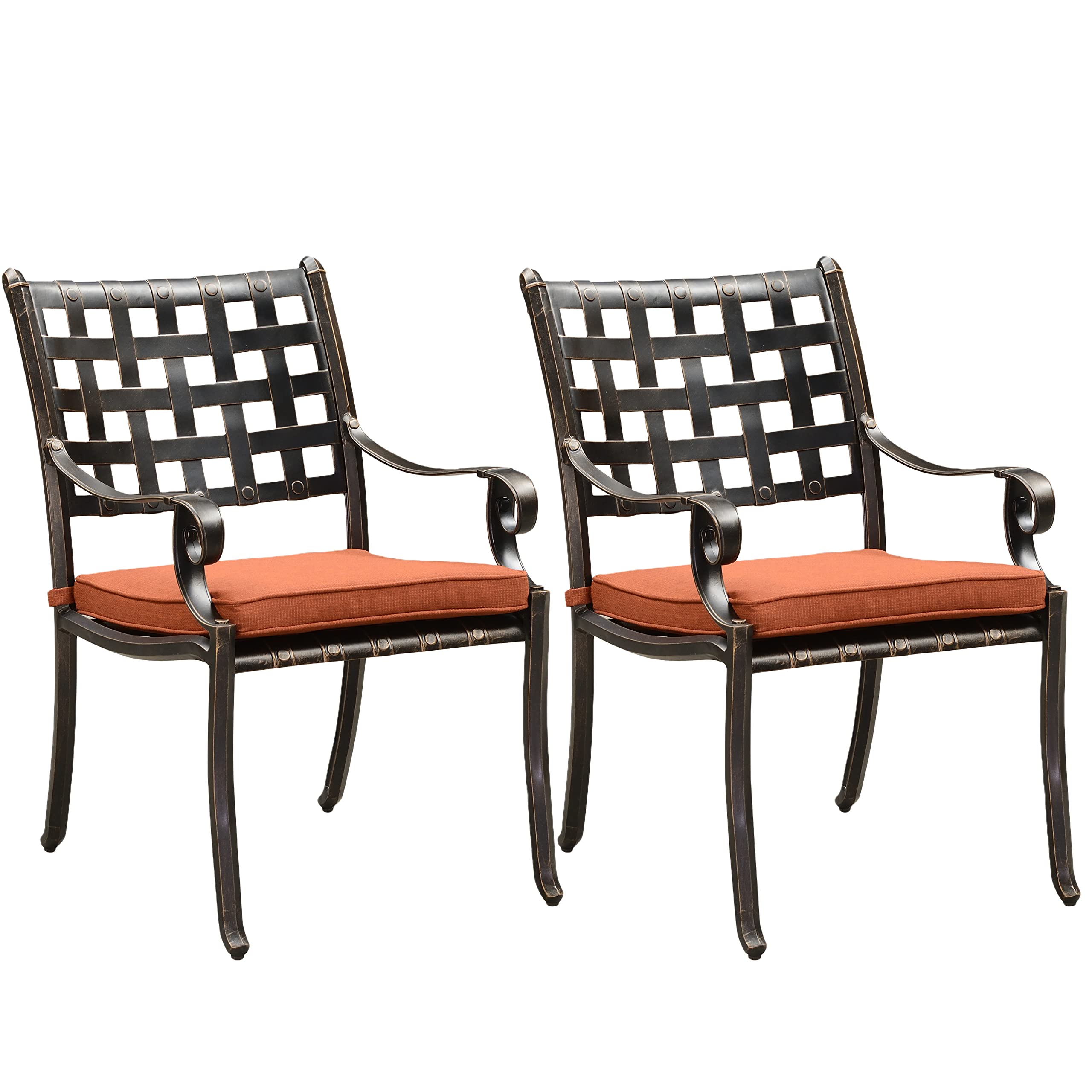 PURPLE LEAF Outdoor Dining Chair Set - 2 Cast Aluminum Patio Chairs with Cushions, Weather-Resistant Garden Furniture for Lawn, Yard & Backyard - Lattice Brick Red Design | Perfect for Outdoor Dining, Poolside Relaxation & Garden Parties