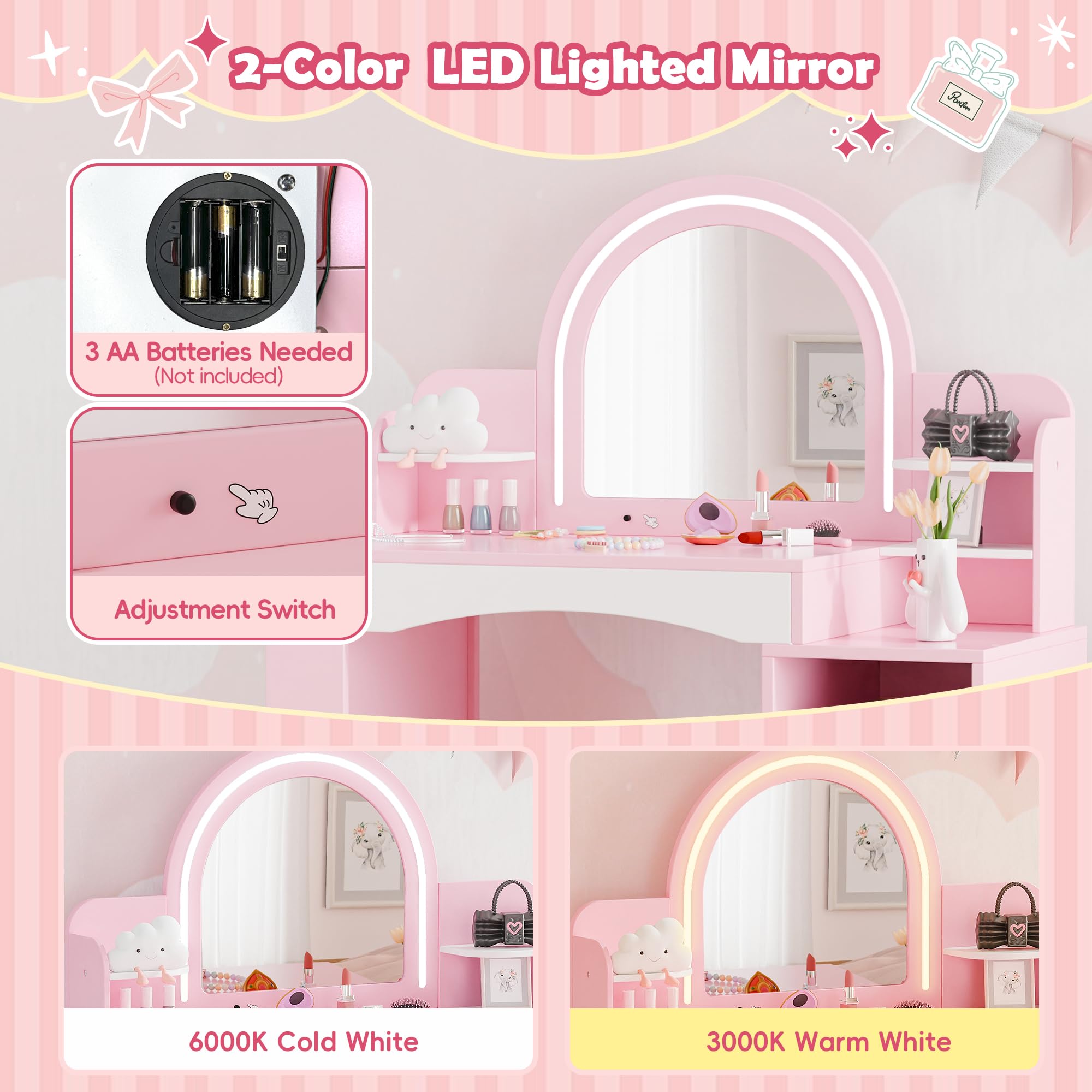 MU Kids Vanity with Lights - Princess Makeup Vanity Desk with Open Bookshelf, Storage Cabinet & Shelves | 2-in-1 Toddler Vanity Table & Chair Set with LED Mirror for Little Girls (Pink) | Perfect for Bedroom Decor, Birthday Gifts & Pretend Play