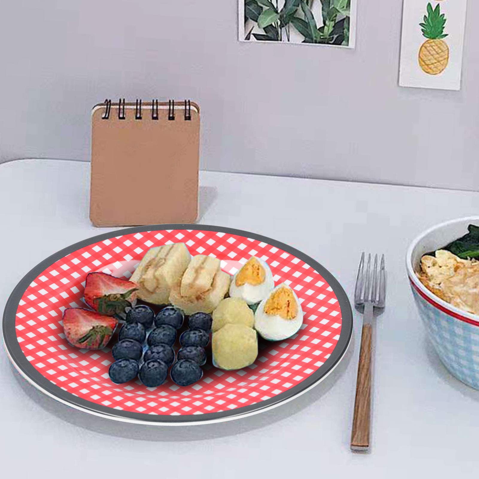 Yosoo 4-Piece 9-Inch Red Grid Salad Plates Set - Durable Dinnerware for Restaurants, Hotels & Home Use - Perfect for Serving Fruits, Desserts, Appetizers & Party Dishes