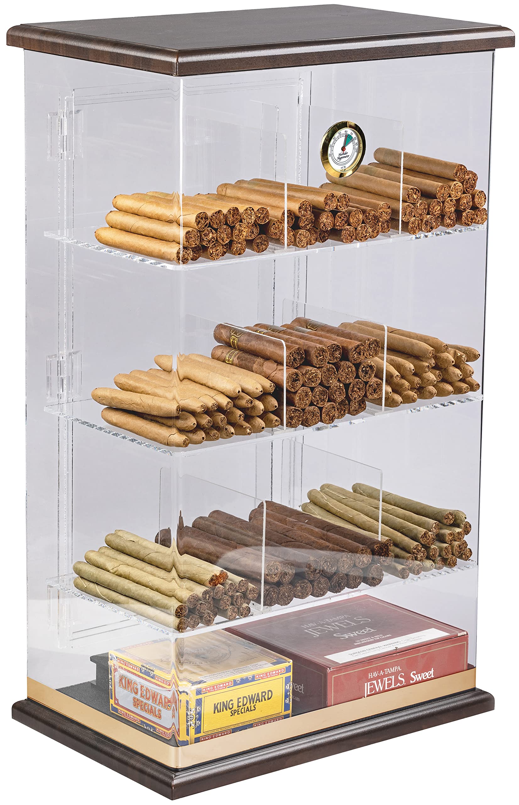 Prestige Import Group Roosevelt 250-Count Acrylic Cigar Humidor Case with Wood Base & Top, 9 Storage Bins & Built-in Hygrometer - Premium Cigar Storage Solution for Home, Office or Lounge