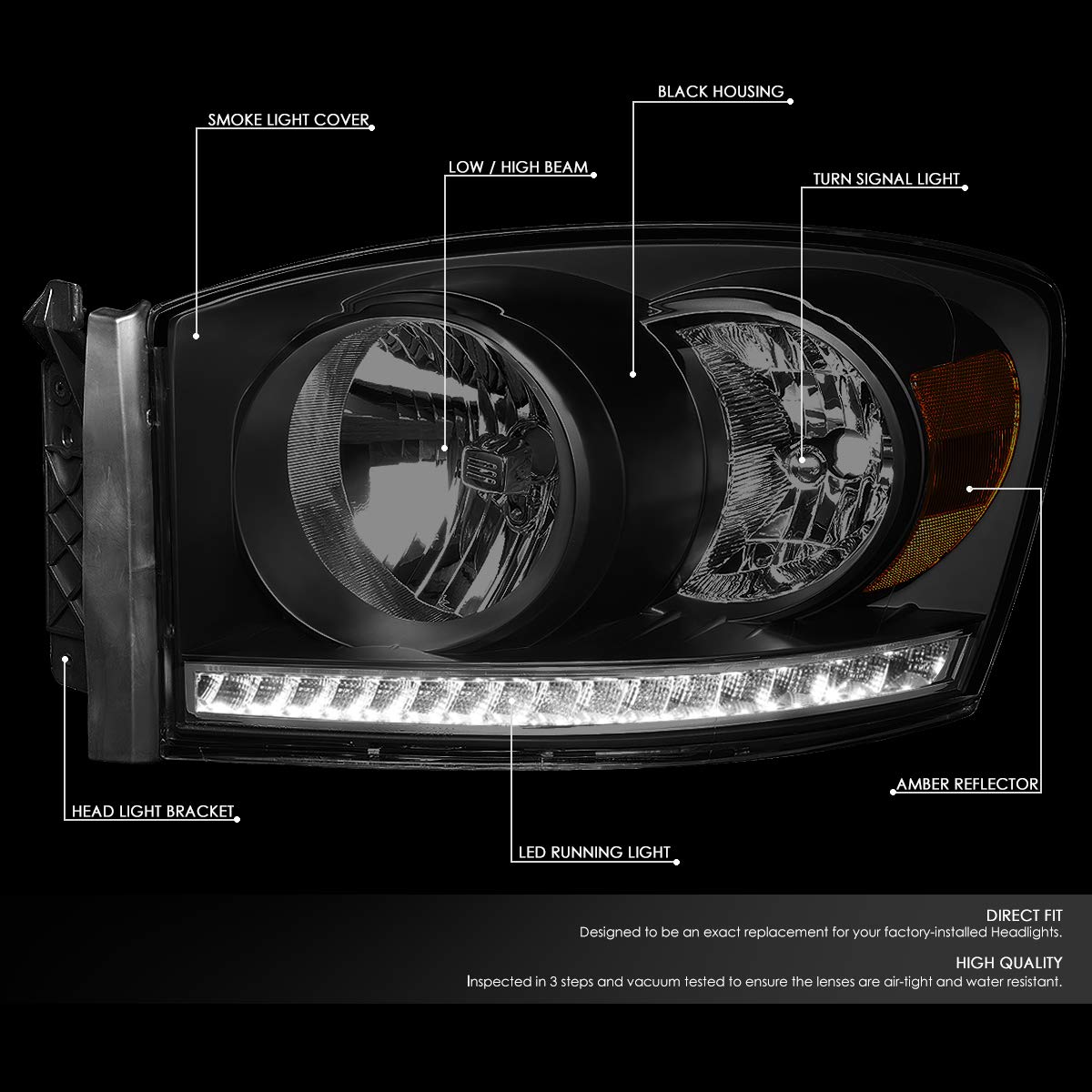 Auto Dynasty LED DRL Tinted Housing Amber Side Headlight Lamps with Tool Kit - Compatible with Dodge Ram Truck 2006-2009 Models | Enhanced Visibility & Style for Night Driving & Off-Road Adventures