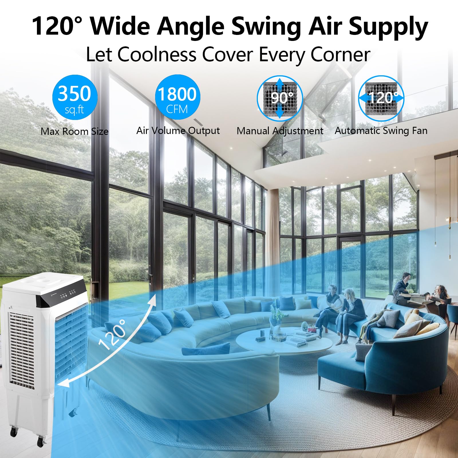 Portable Evaporative Air Cooler - 1800 CFM Swamp Cooler with Remote Control, 4 Ice Packs, 3 Speed Modes for Indoor & Outdoor Use - 8.4 Gallon Water Tank - Perfect for Patio, Garage, Bedroom, and Office Cooling