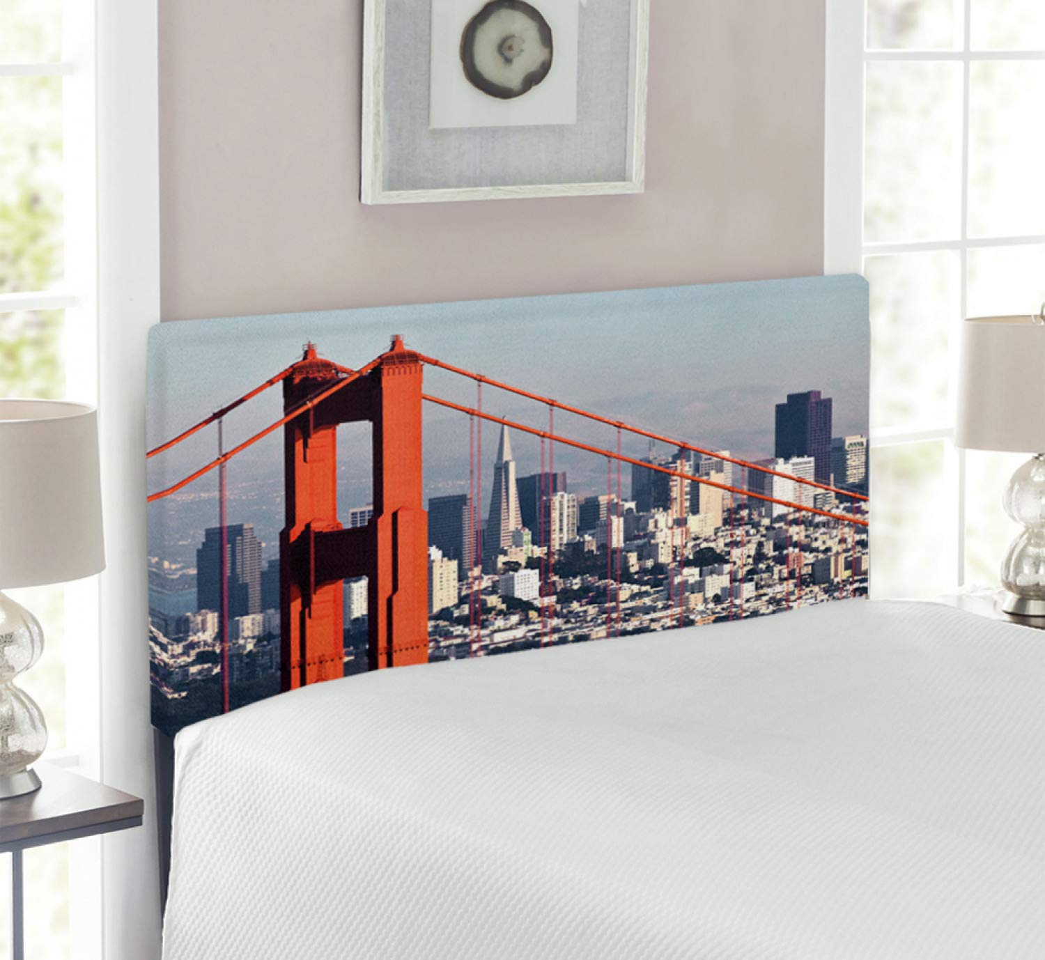 Ambesonne Upholstered Metal Headboard with Memory Foam - San Francisco Bridge & Cityscape Design - Twin Size Bed Headboard in Pale Blue, Orange & White - Perfect for Modern Bedroom Decor & Small Space Living