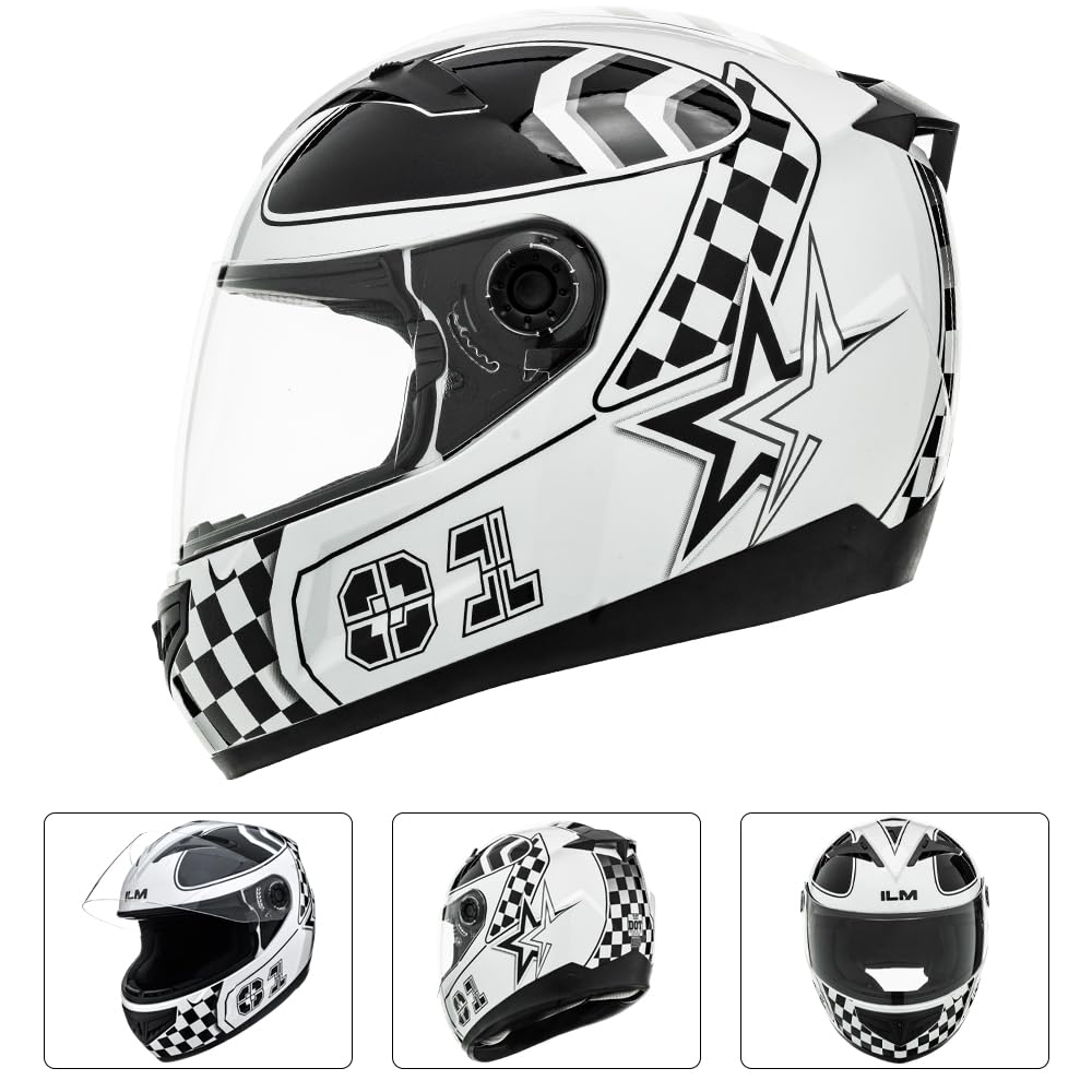 **ILM Full Face Youth Kids Motorcycle Helmet - DOT Certified (Model DP808) for ATV, Dirt Bike & Street Bike - Check Flag Black, Large - Perfect for Off-Roading & Urban Riding**