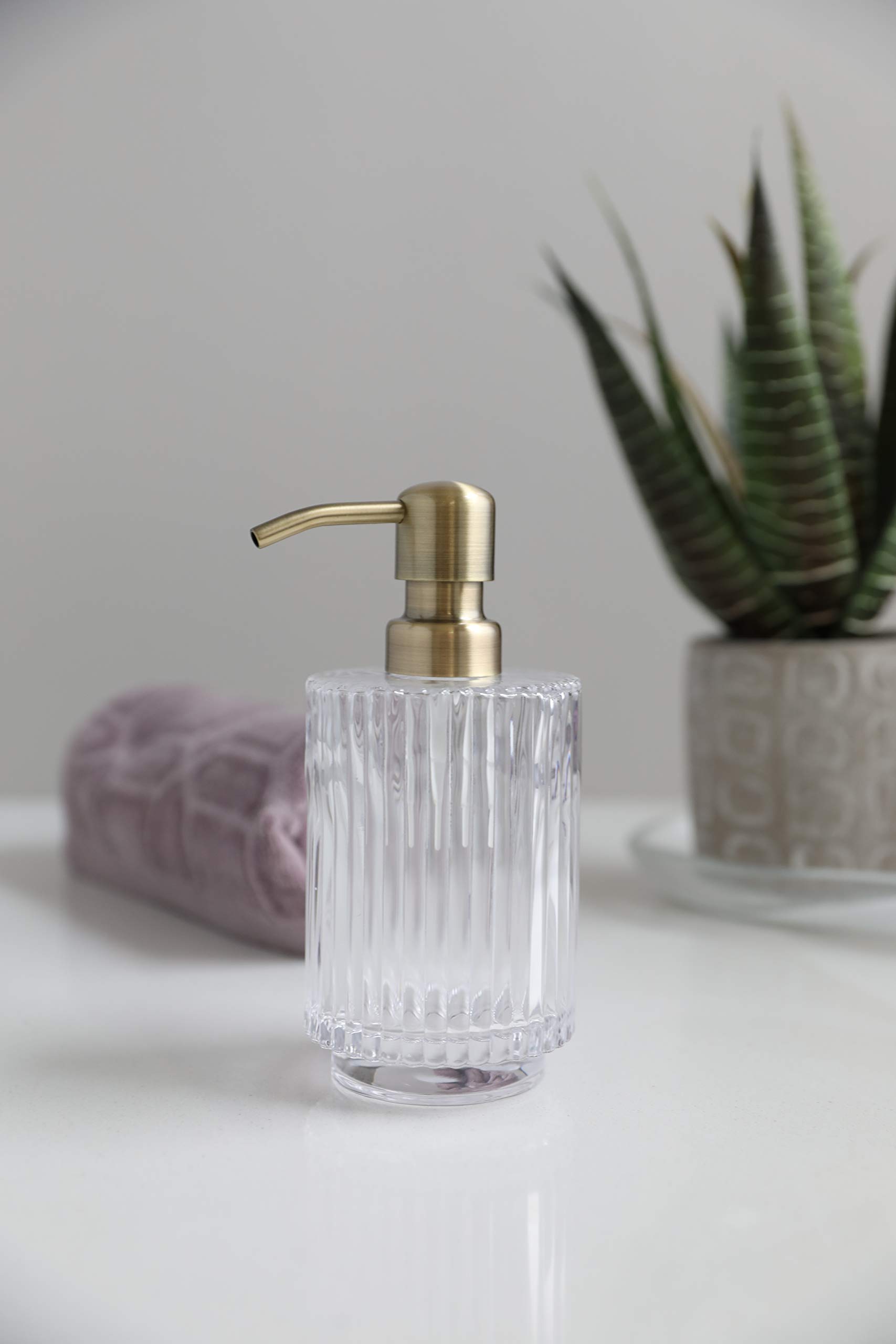Refillable Parisian Clear Fluted Glass Soap Dispenser 10oz - Farmhouse Brass Hand & Lotion Pump for Kitchen, Bathroom, Vanity - Elegant Liquid Soap Container for Home Decor, Guest Washroom, Spa