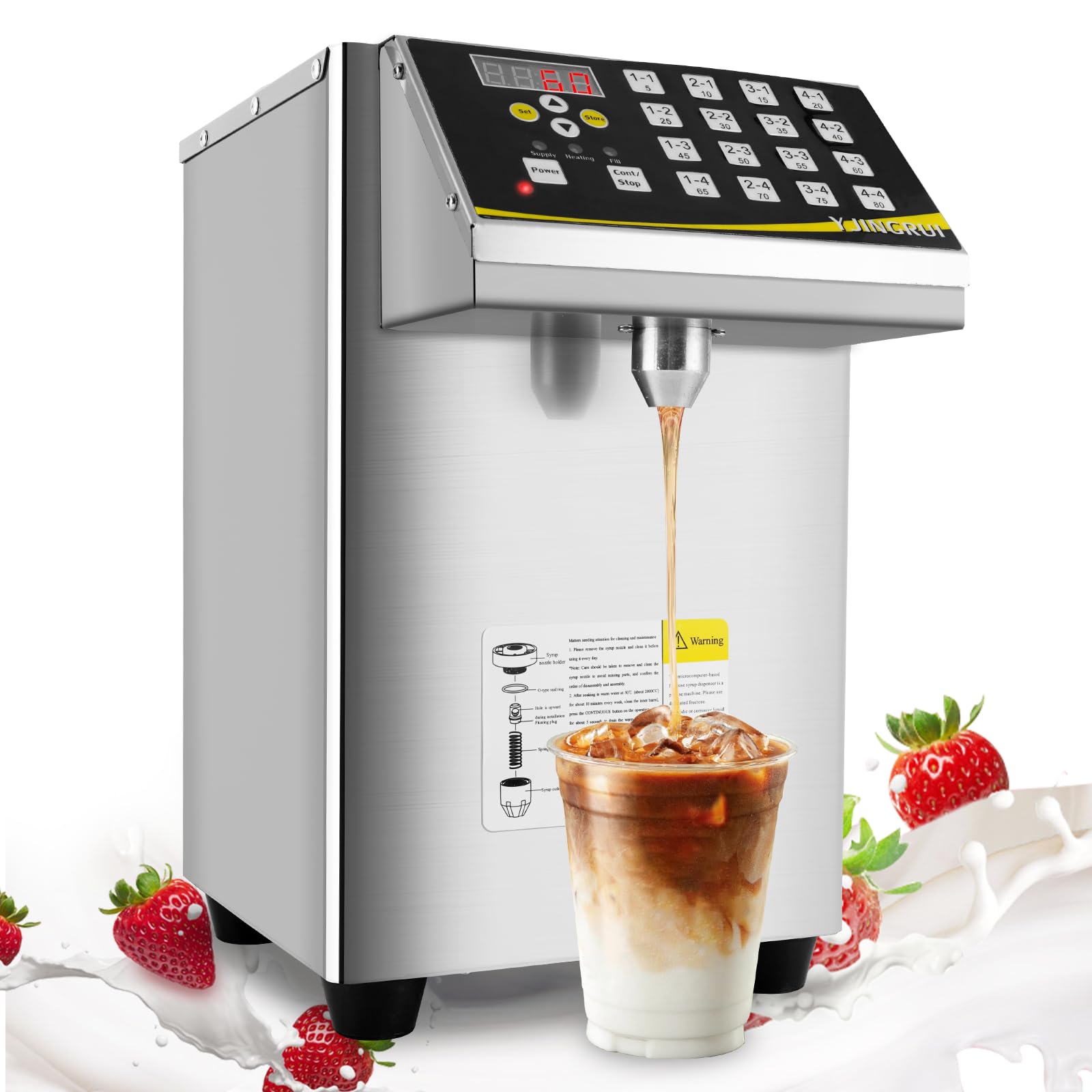 YJINGRUI 8.5L Commercial Fructose Dispenser Machine - Brushed Stainless Steel Syrup Pump for Coffee Shops, Bars & Bubble Tea Stores (110V, 16 Groups) - Perfect for High-Volume Beverage Service & Dessert Topping Applications