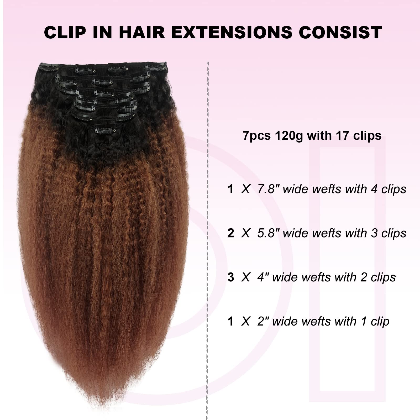Ombre Black to Medium Auburn Clip-in Hair Extensions for Black Women - 7pcs 14 Inch 120g Remy Human Hair - Perfect for Parties, Weddings & Everyday Styling