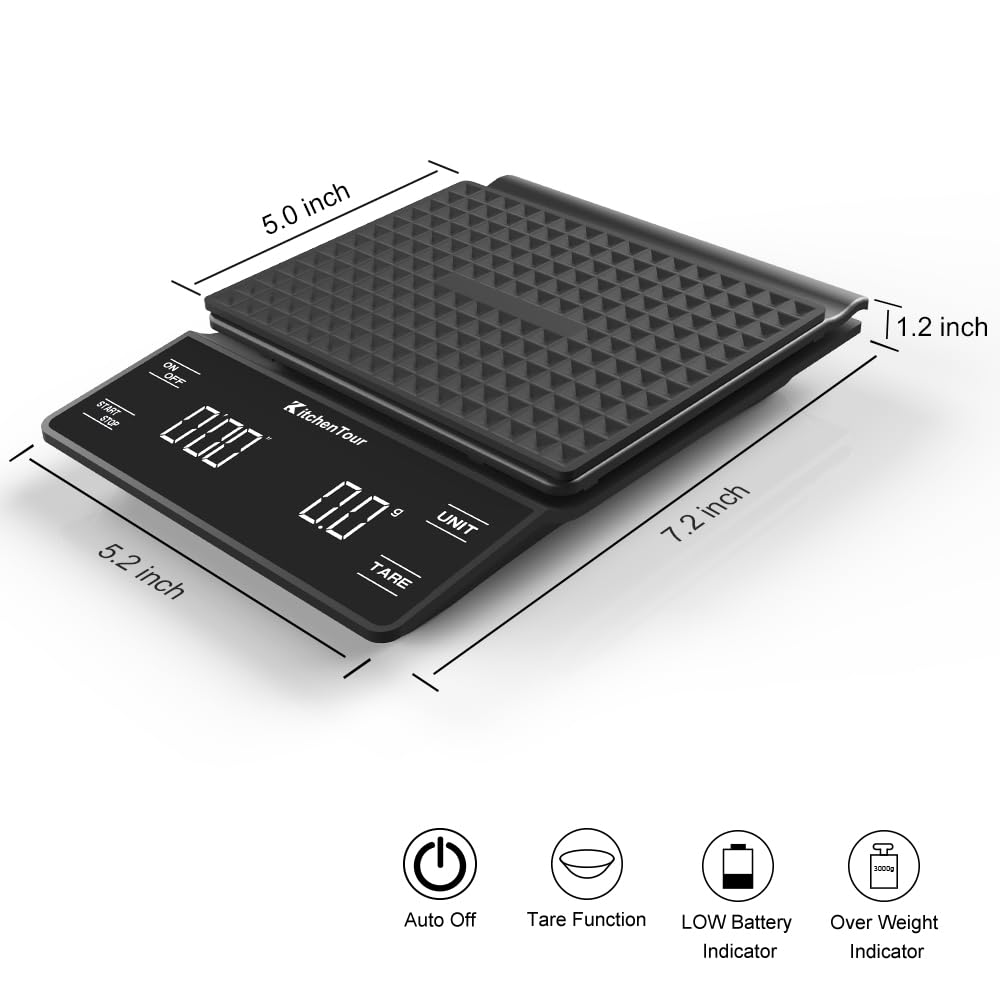 KitchenTour Digital Coffee Scale with Timer - 3kg/0.1g High Precision Pour Over & Espresso Scale, Backlit LCD Display (Batteries Included) - Perfect for Home Baristas, Coffee Shops & Brewing Enthusiasts