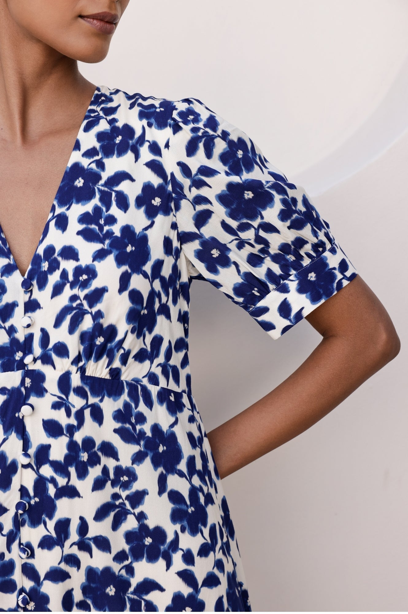 Anne Tea EcoVero™ Floral Print Wrap Dress - Blossom Cream & Navy Blue | Sustainable Viscose Women's Fashion | Perfect for Summer Weddings & Garden Parties