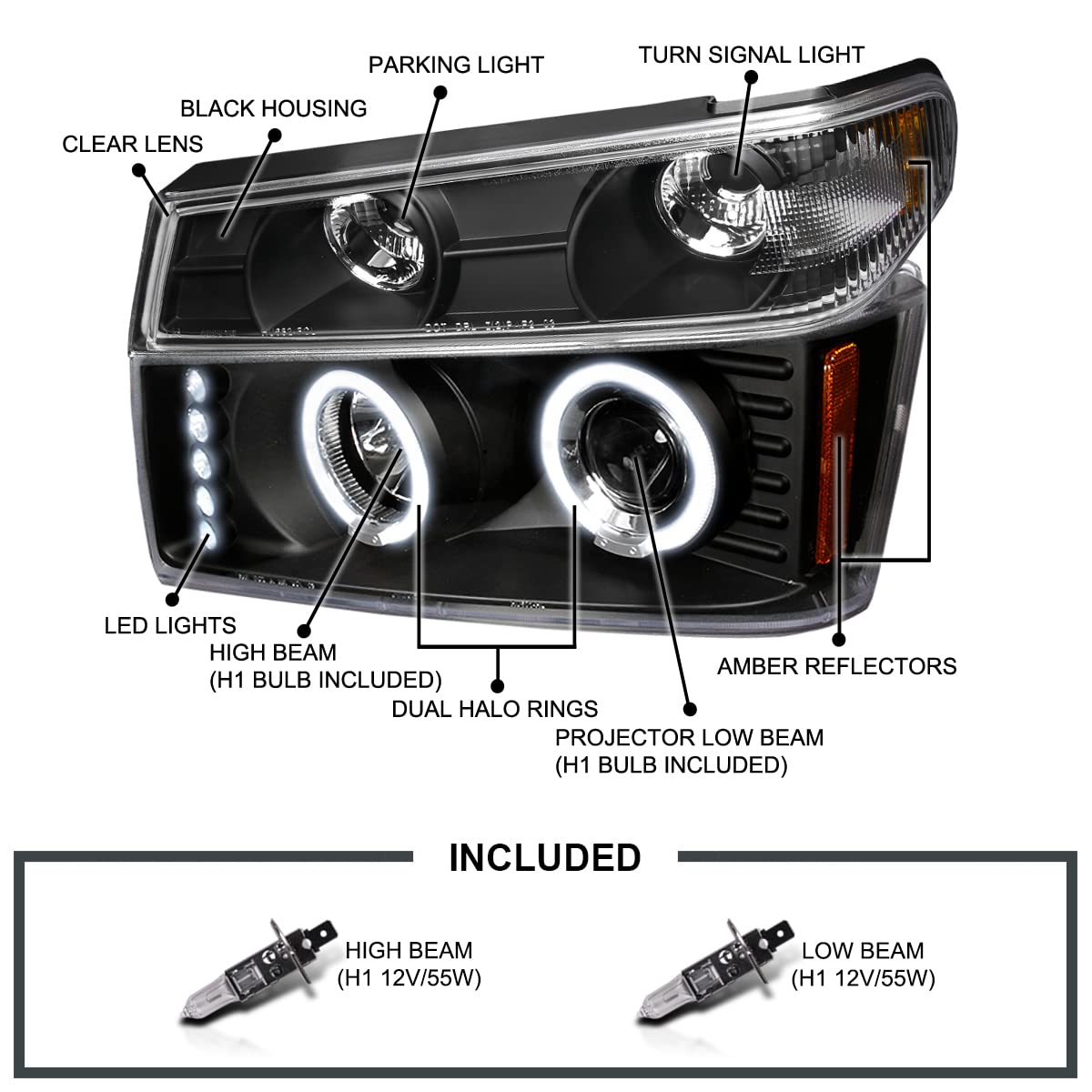 Spec-D Tuning Black Housing Clear Lens LED Halo Projector Headlights + Bumper Lights for 2004-2012 Chevy Colorado & GMC Canyon - Left & Right Pair Headlamp Assembly - Upgrade Your Truck's Style & Night Visibility