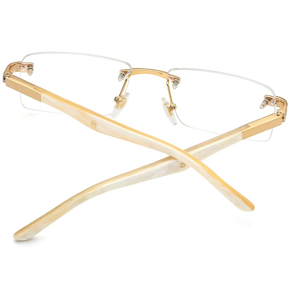 Hepidem 100% Genuine Buffalo Horn Square Rimless Luxury Eyeglasses with Zircon Diamonds - Premium Reading Glasses for Men & Women, Perfect for Office, Driving, and Fashion Accessories