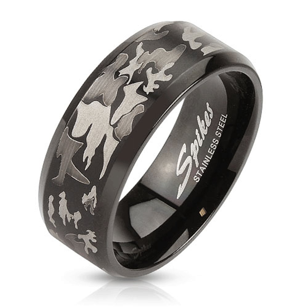 Jinique STR-0176 Black IP Stainless Steel Laser Engraved Camouflage Band Ring for Men - Military Style Fashion Jewelry Gift for Outdoor Enthusiasts & Tactical Gear Lovers