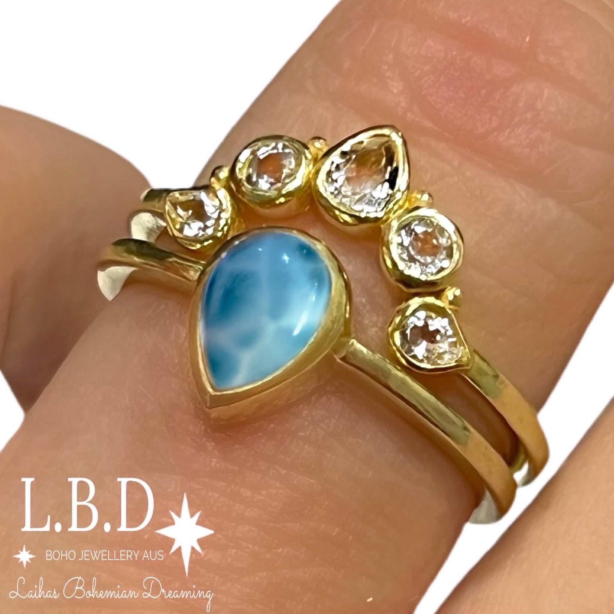 Laihas Queen of Cups Gold Topaz & Larimar Ring Set – Elegant Jewelry for Women, Perfect for Gifts, Parties & Special Occasions