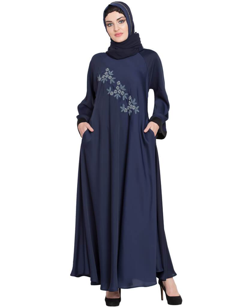Hand Embroidered Arabic Umbrella Nida Abaya - Navy Blue Abaya Dress for Women | Perfect for Eid, Ramadan, Wedding & Special Occasions