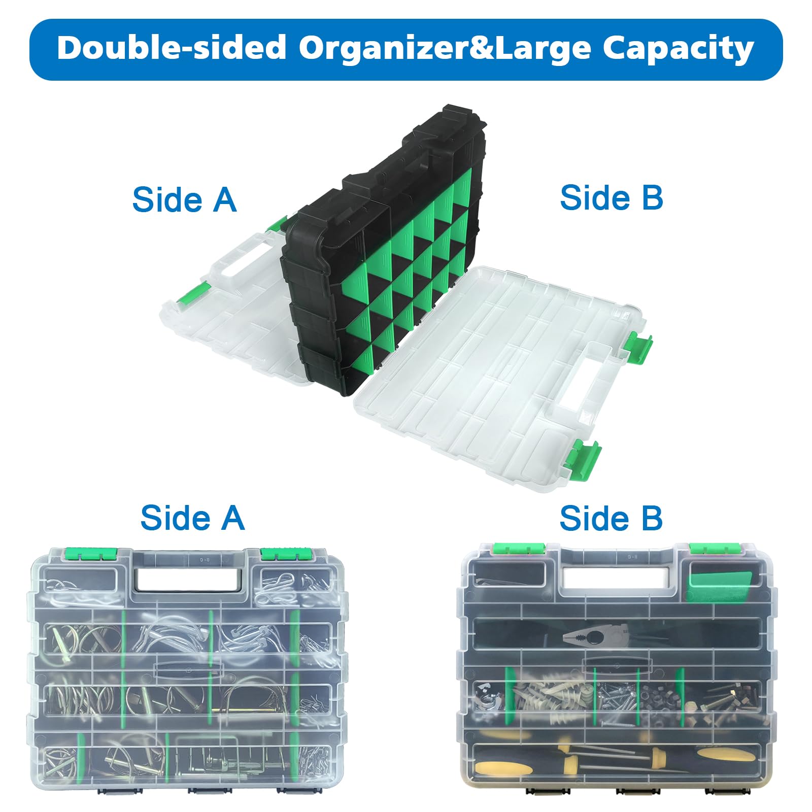 Heavy Duty Double-Sided Tool Box Organizer - Portable Hardware Storage Box with Removable Plastic Dividers for Screws, Nuts, Nails, Bolts - Durable Small Parts Organizer for Garage, Workshop & DIY Projects (Green)
