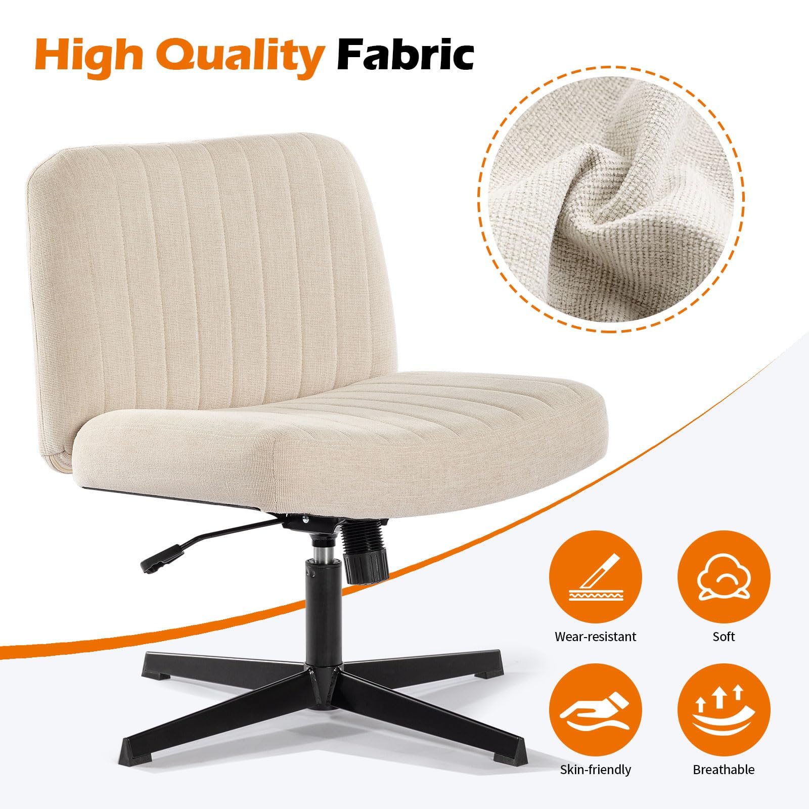 Criss Cross Chair No Wheels - Vanity Chair Without Back, Armless Makeup Stool, Wide Adjustable Height Desk Chair for Cross Legged Sitting - Beige Seat for Home Office, Beauty Salon & Dressing Room