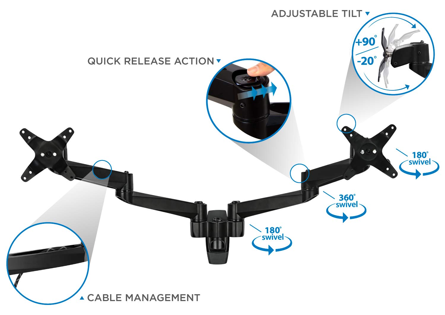 Mount-It! Premium Dual Monitor Wall Mount Arms - Adjustable Tilt & Swivel VESA Mount for 13-27 Inch Screens (75x75/100x100mm) - Heavy Duty Black Monitor Stand for Home Office & Gaming Setup