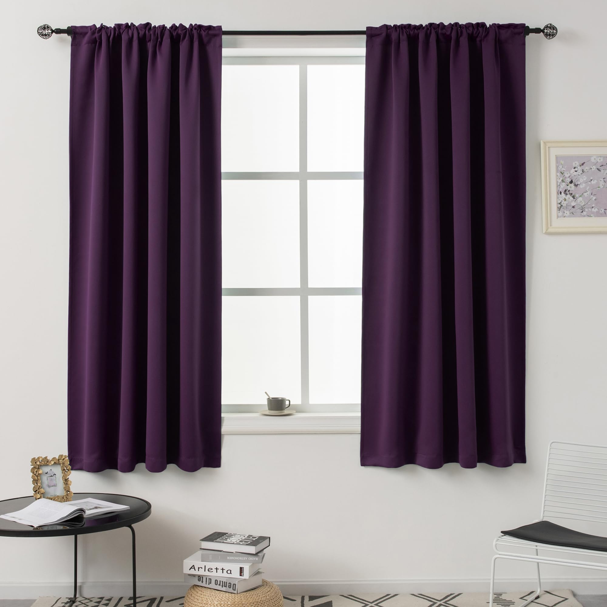 Dualife Dark Purple Blackout Curtains for Bedroom & Living Room - 54x45 Inch Thermal Insulated Soundproof Window Drapes with Rod Pocket, Set of 2 Panels (Grape Purple) - Perfect for Small Windows, Home Theater, Nursery & Office Privacy