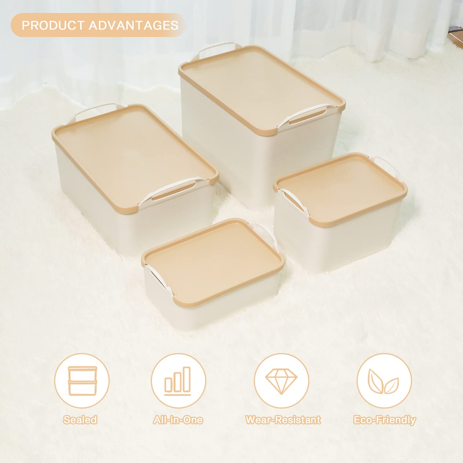 ANMINY 8-Piece Plastic Storage Bins with Lids - Large White Organizing Containers for Home & Office - Stackable Storage Boxes for Closet, Shelves, Drawers & Desktop (Wheat Lids) - Perfect for Pantry, Bathroom & Kids Room Organization