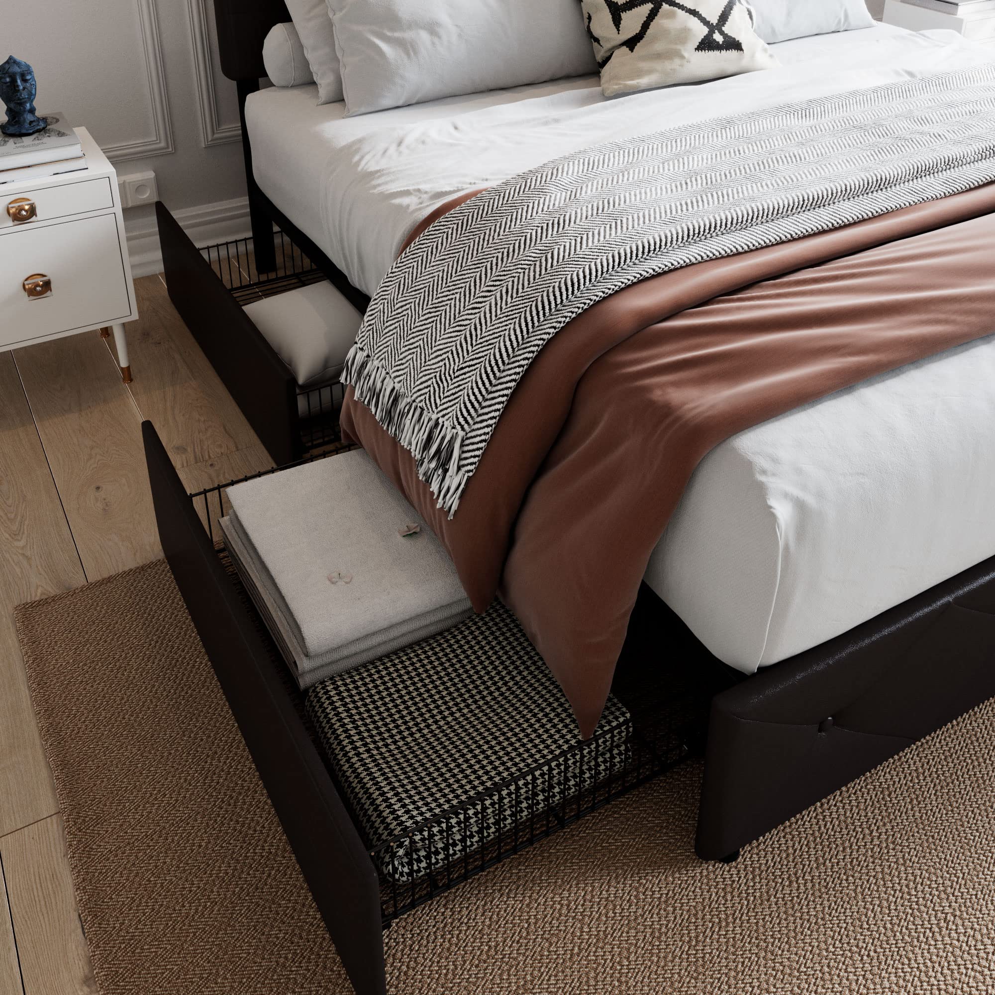 SHA CERLIN Upholstered King Size Platform Bed Frame with 4 Storage Drawers - Adjustable Diamond Stitched Headboard, Wooden Slat Support, No Box Spring Needed (Black Brown) - Perfect for Master Bedroom, Guest Room & Small Space Storage Solutions