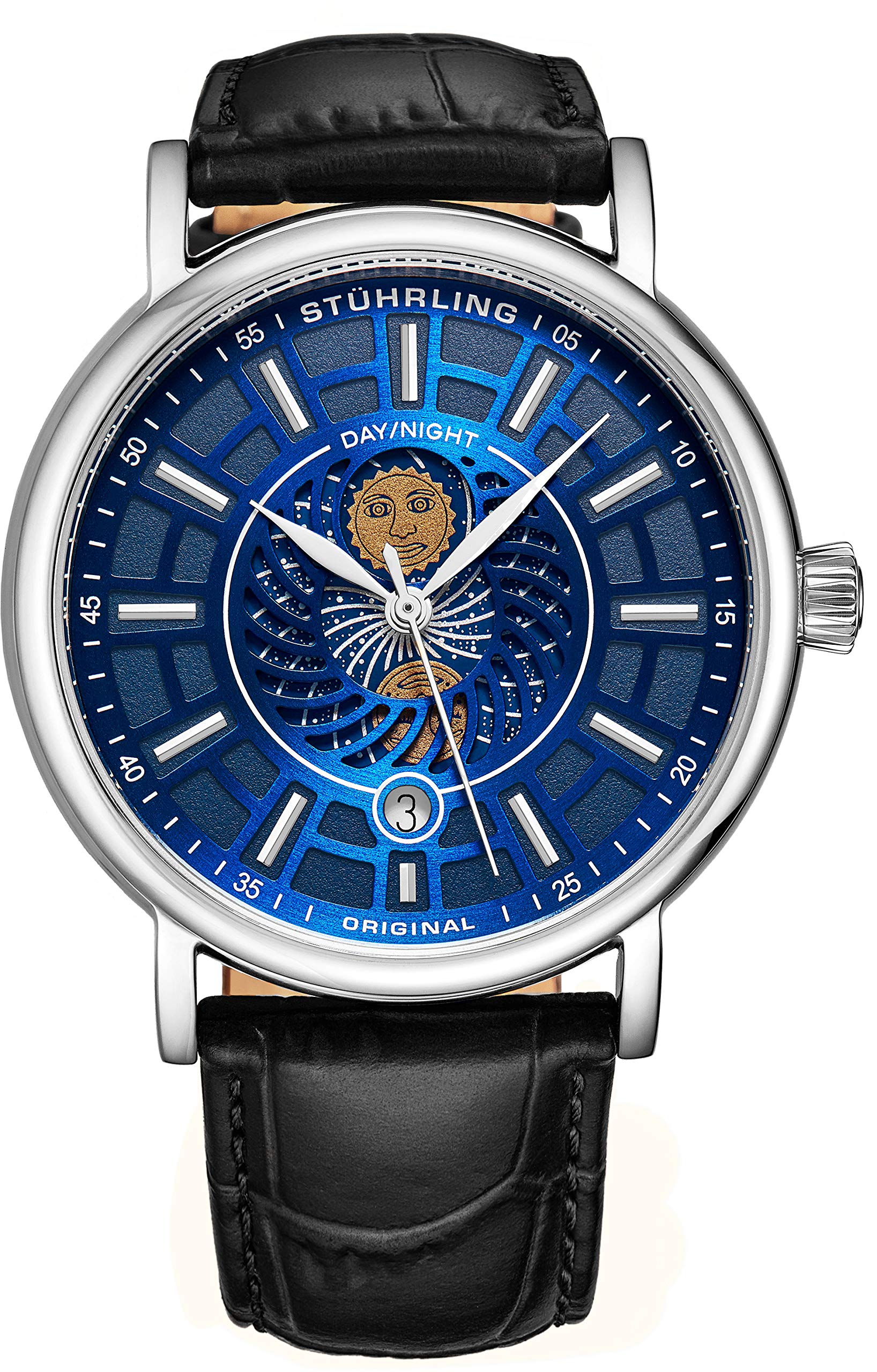 Stuhrling Original Men's Day/Night Dress Watch - Stainless Steel Case & Genuine Leather Band - Analog Watch with Date & Day/Night Indicator - Luxury Business & Formal Watches for Men - Perfect for Office, Weddings & Special Occasions