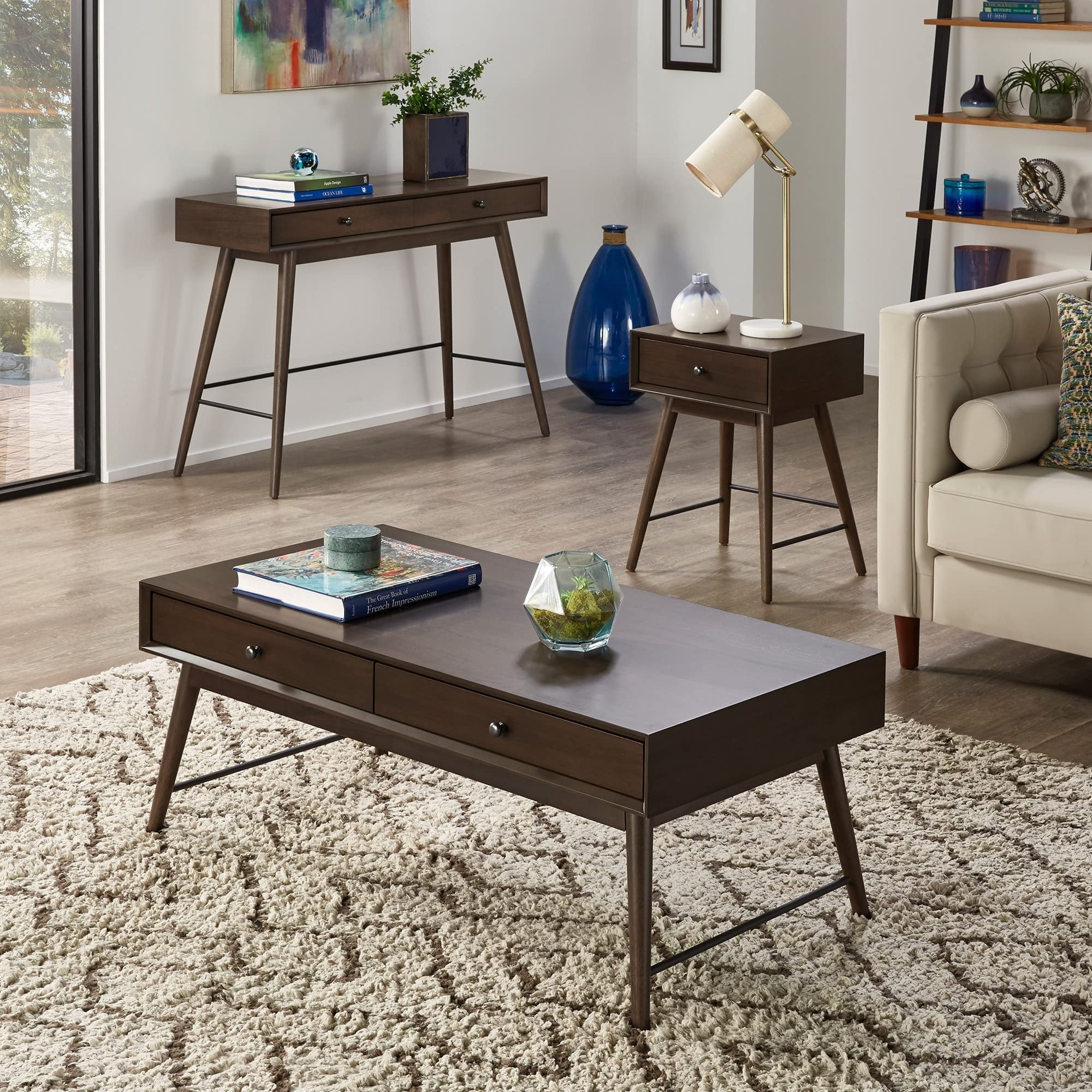Modern Brown Wood Accent Tables Set - Inspire Q Aksel End Table & Coffee Table with Rubberwood Veneer for Living Room, Bedroom, or Office Decor