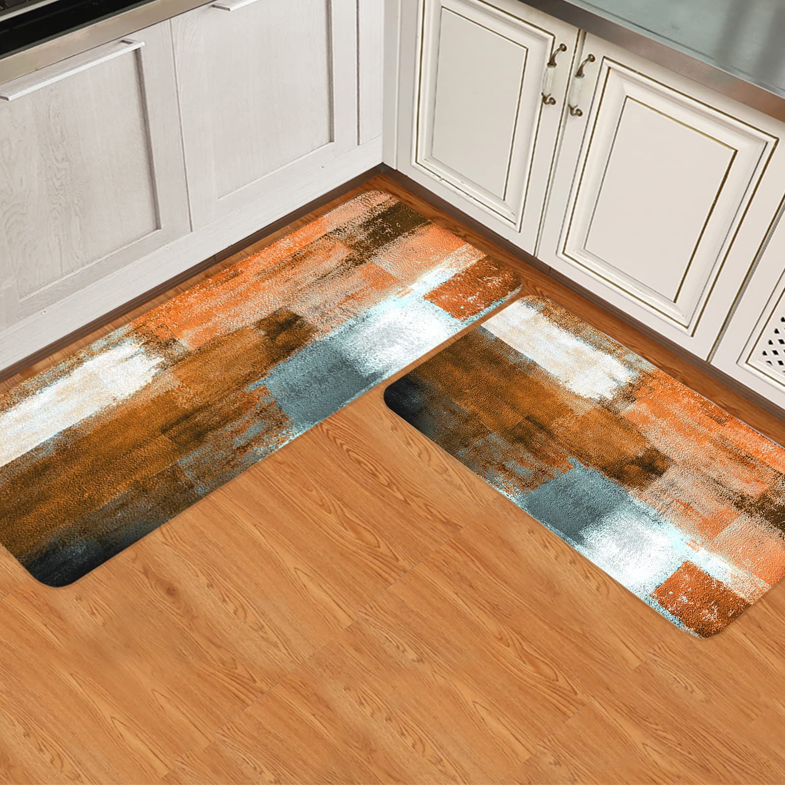 Non-Slip Kitchen Rugs Set of 2 - Cushioned Anti-Fatigue Floor Mats with Abstract Painting Design (23.6x35.4in + 23.6x70.9in) in Orange & Grey - Perfect for Standing Comfort While Cooking, Dishwashing or Food Prep