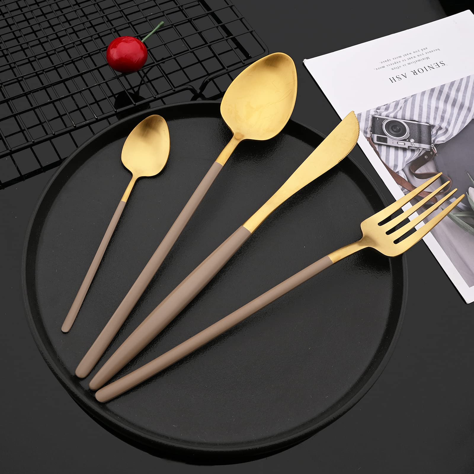 JASHII 24-Piece Matte Brown and Gold Flatware Set for 6 - Stainless Steel Cutlery with Knives, Forks, Spoons & Teaspoons | Dishwasher Safe & Durable | Perfect for Dining, Entertaining & Everyday Use