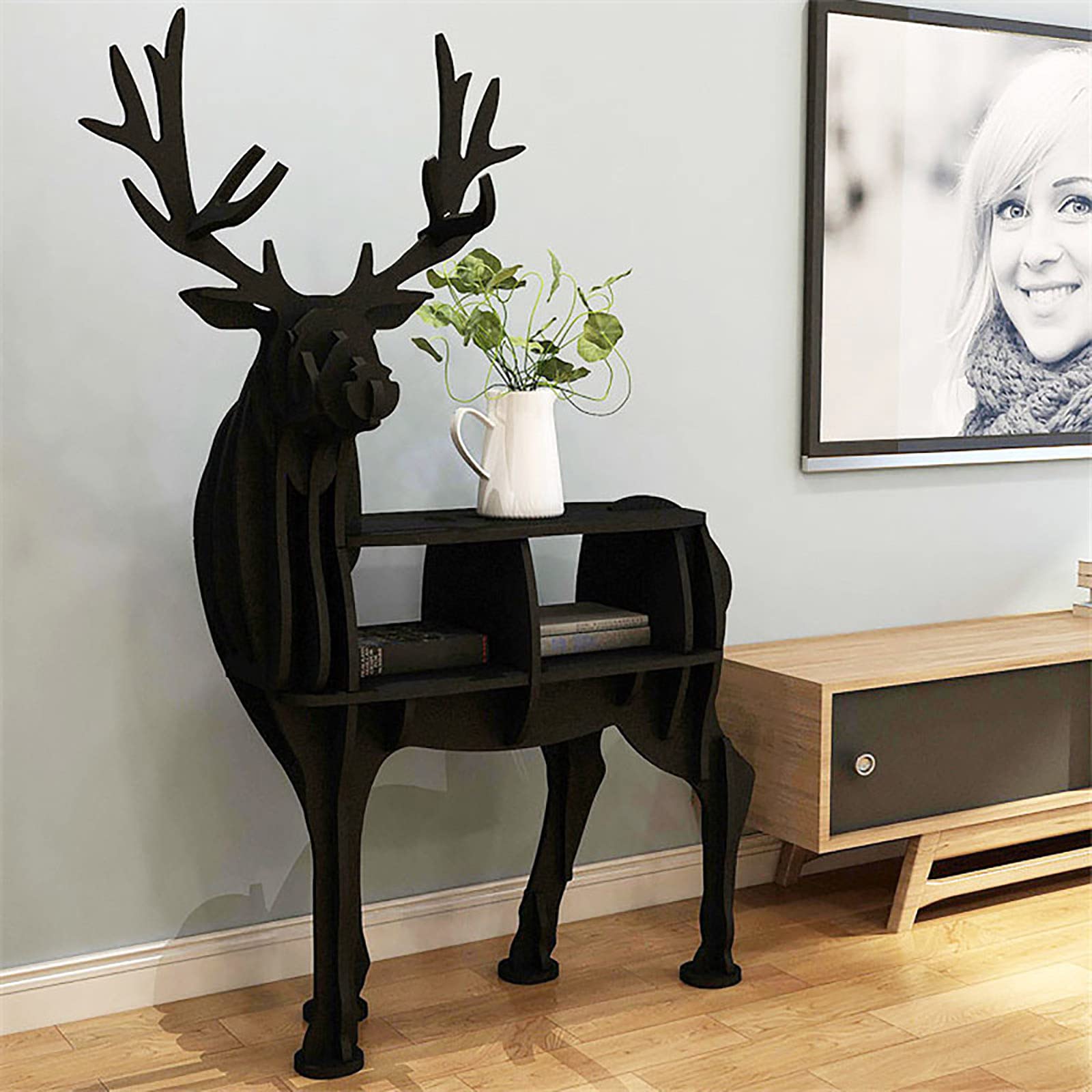 Colorful Wooden Kids Bookshelf - Cartoon Deer Shaped Bookcase for Children, Toddler Book Storage Rack (Black, Medium 56x105cm/22x41in) - Perfect for Nursery, Playroom & Classroom Organization