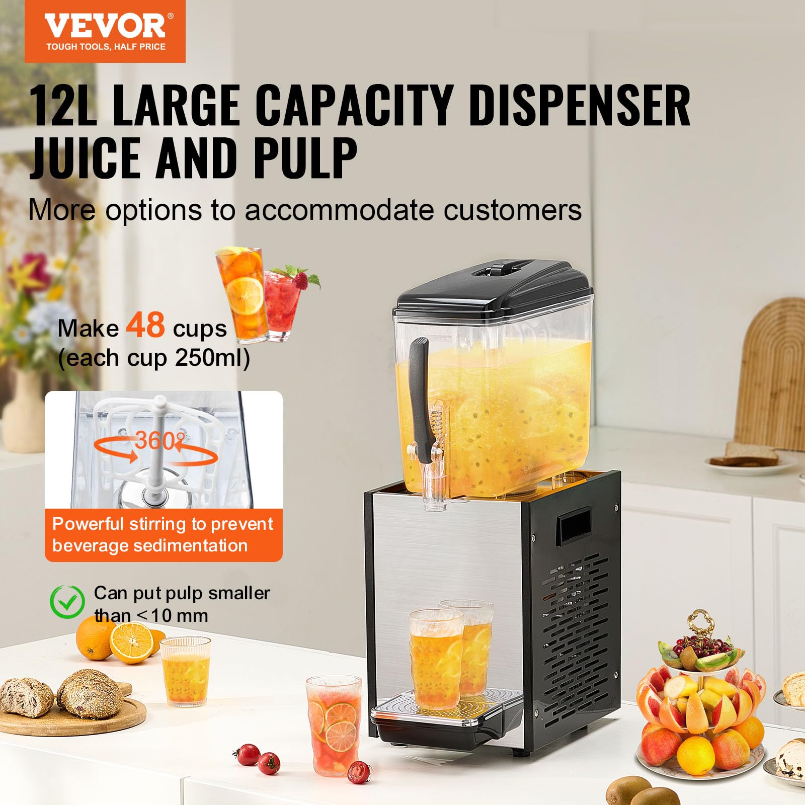 VEVOR 12L (12.7QT) Commercial Beverage Dispenser - 304 Stainless Steel Food Grade Juice & Iced Tea Machine with 45°F-54°F Cooling - Perfect for Restaurants, Bars, Parties & Catering Events - Cold Drink Dispenser for Lemonade, Iced Coffee & Cocktails