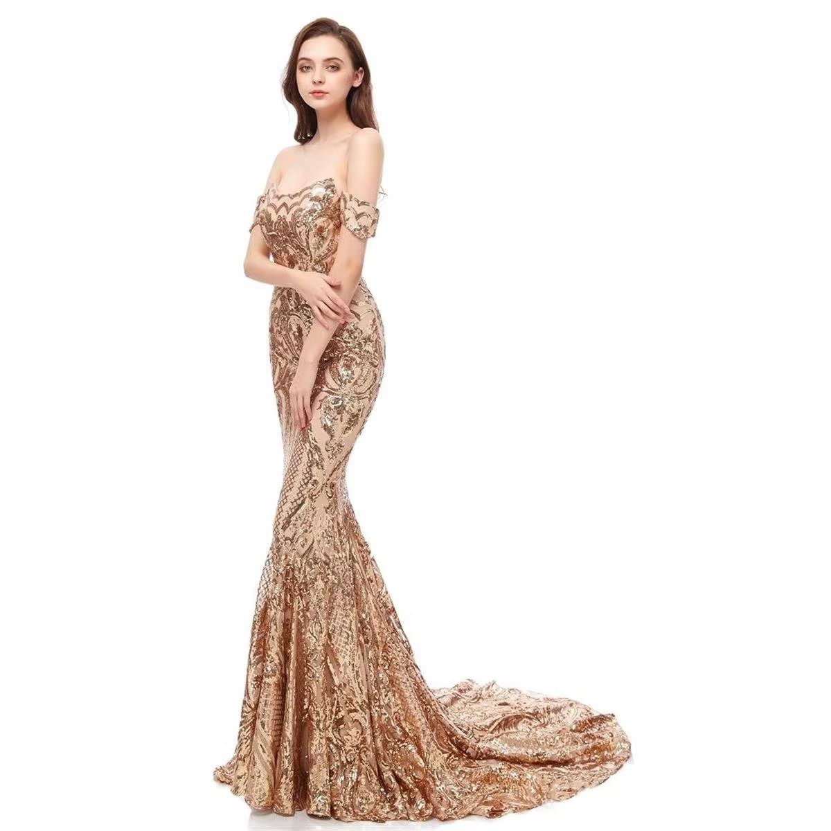 Elegant Women's Tulle Sequin Off-Shoulder Mermaid Gown - Long Backless Evening Dress for Cocktail Party, Prom, Pageant & Special Occasions