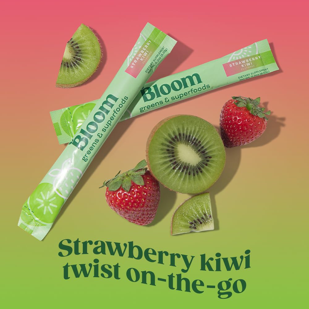 Bloom Nutrition Greens & Superfoods Powder Packets - Digestive Health Supplement with Probiotics, Enzymes, Spirulina & Chlorella for Gut Support & Bloating Relief - 15 Stick Packs, Strawberry Kiwi Flavor - Perfect for Travel, Workouts & Daily Wellness Routine
