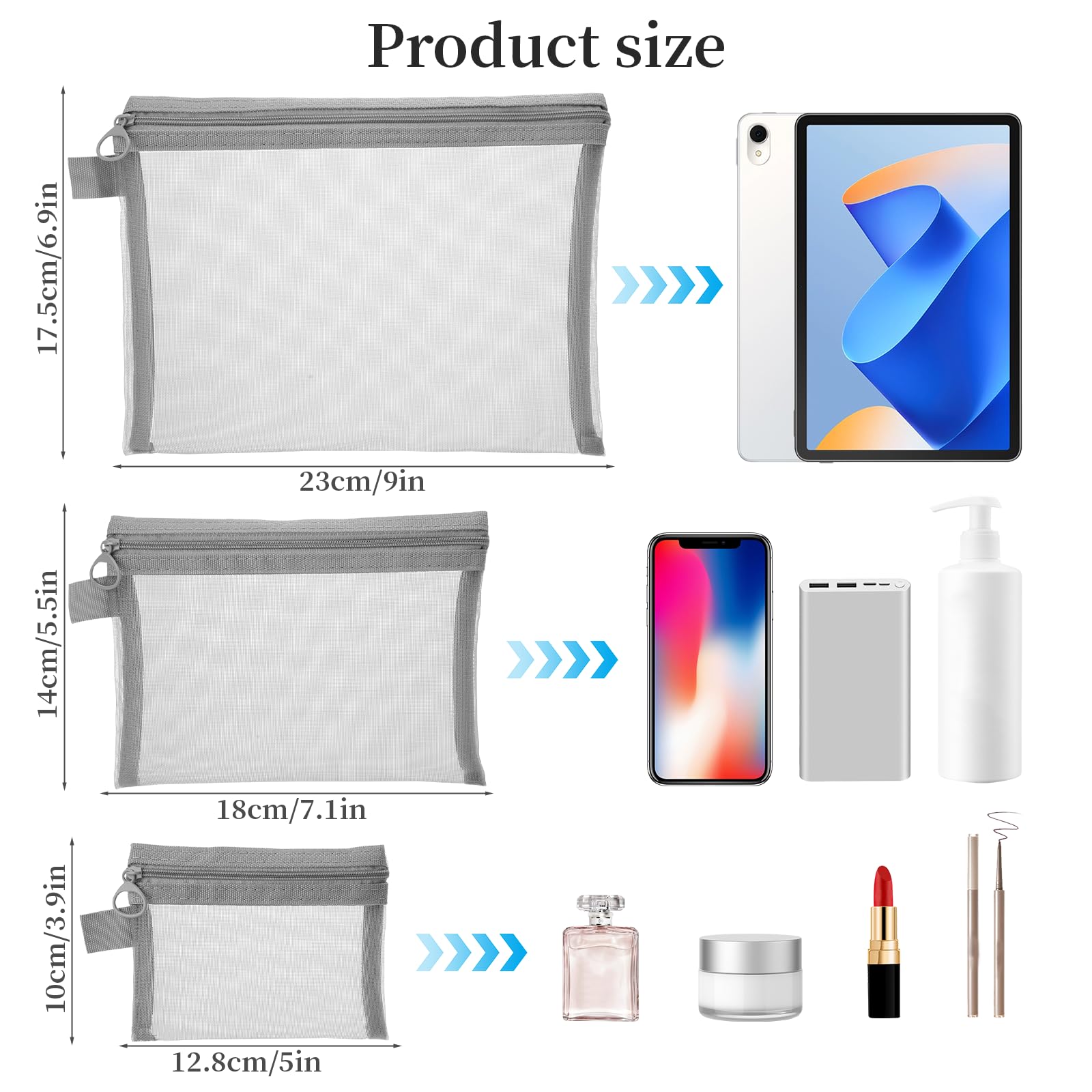 6-Piece Grey Mesh Cosmetic Bags with Zipper - Small Makeup Organizer Pouches for Travel, Toiletries & Jewelry Storage | Durable Zippered Mesh Pouch Set for Women & Teens | Perfect for Gym, School & Daily Essentials Organization | Ideal for Traveling, Home Storage and Gift Giving