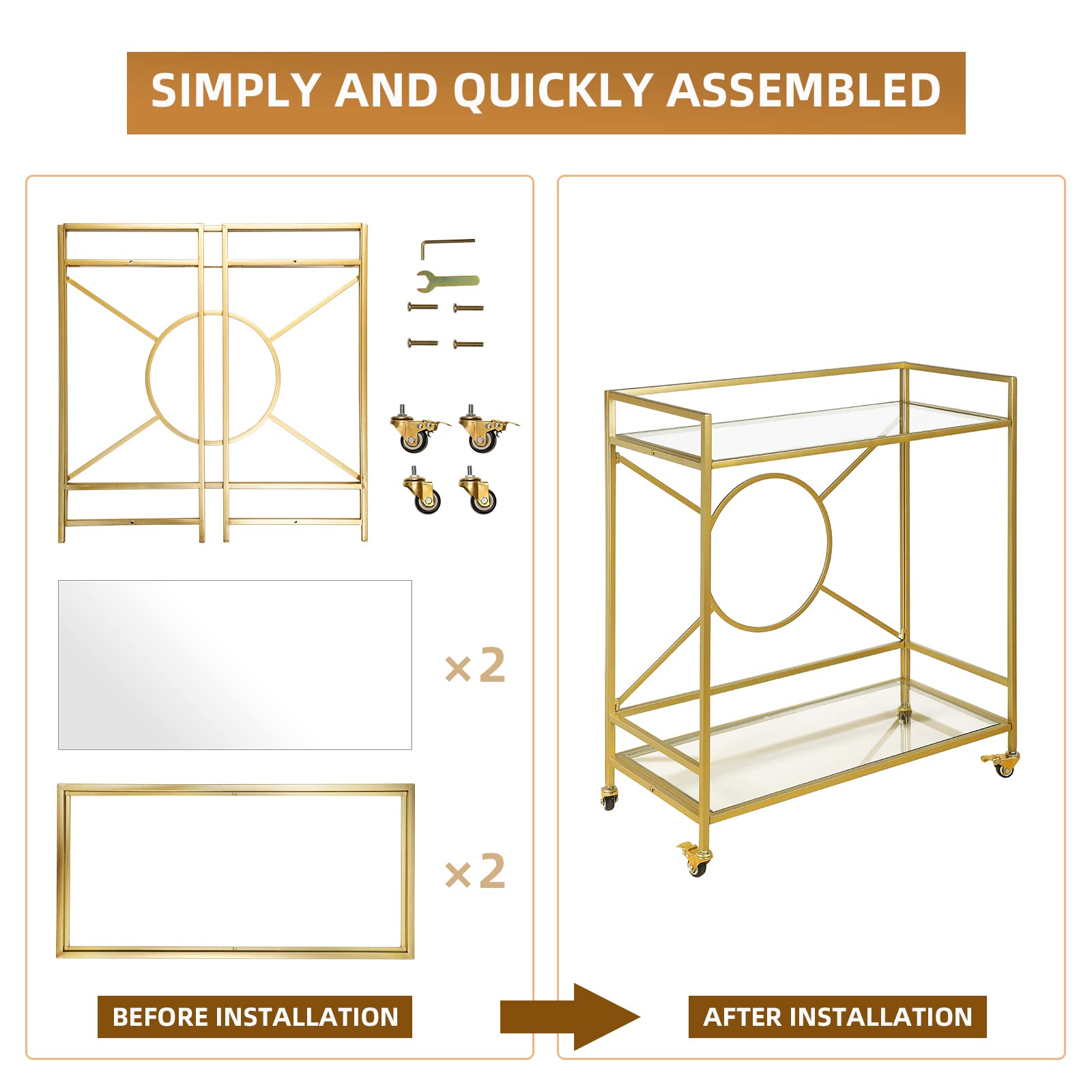 Palama Gold Bar Cart for Home - Easy Assembly with Only 4 Screws, 2-Tier Rolling Snack Cart with Tempered Glass Shelves & Lockable Wheels | Perfect for Living Room, Kitchen, or Party Serving