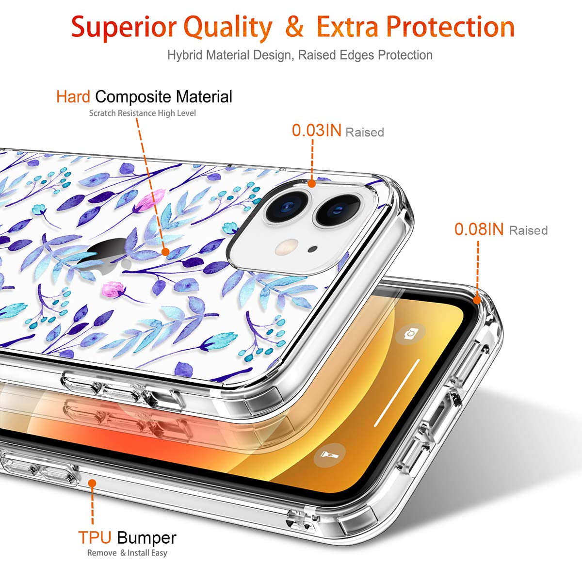 GiiKa Clear Full Body Protective Case for iPhone 12 & iPhone 12 Pro - Shockproof Hard Cover with TPU Bumper, Blue Floral Design - Perfect for Women & Girls, Everyday Use & Gift Giving