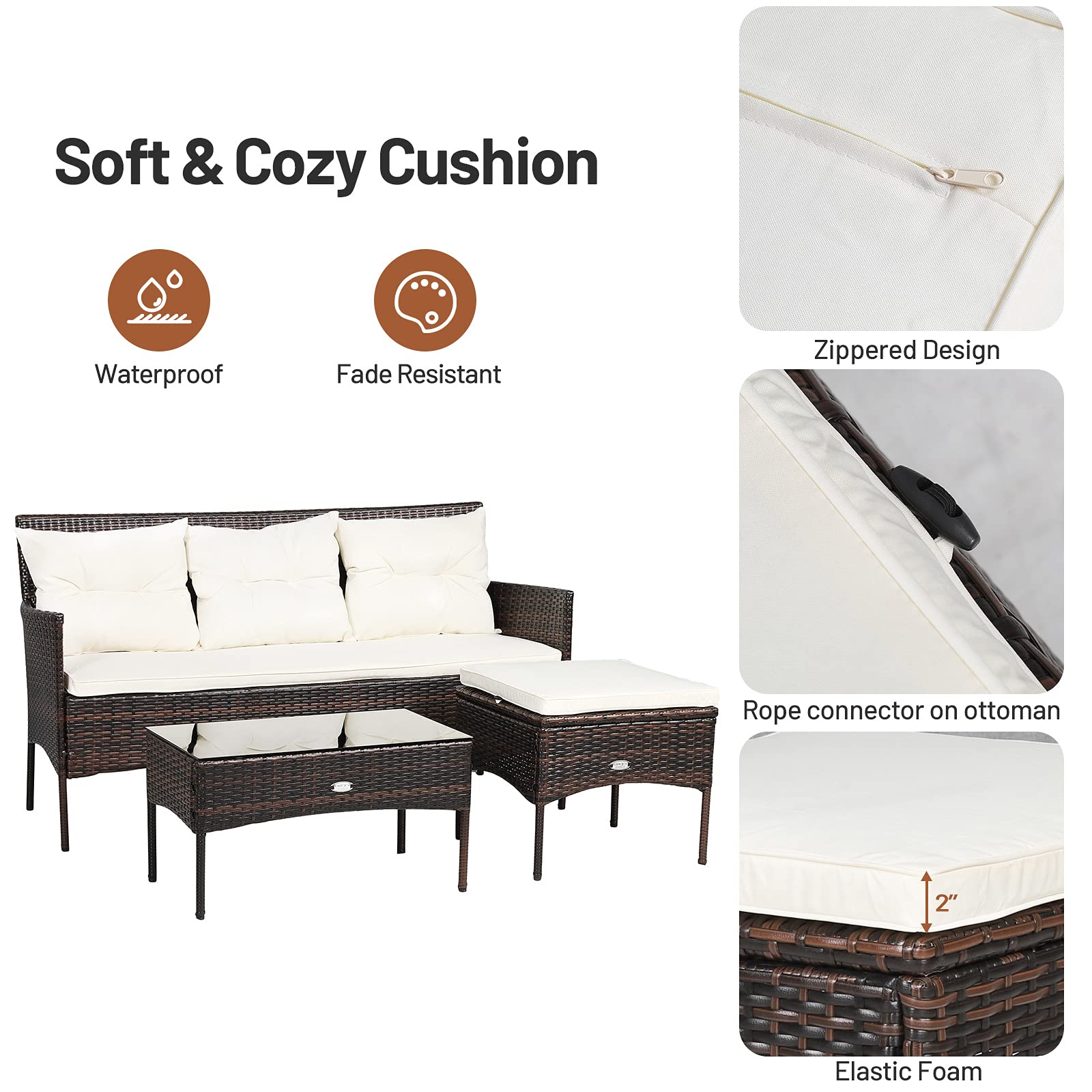 RELAX4LIFE 3-Piece Outdoor Patio Furniture Set with Rattan Wicker Sectional Sofa, 5 Comfortable Cushions & Tempered Glass Coffee Table - Perfect for Poolside, Garden, Balcony or Backyard (Beige & Brown)