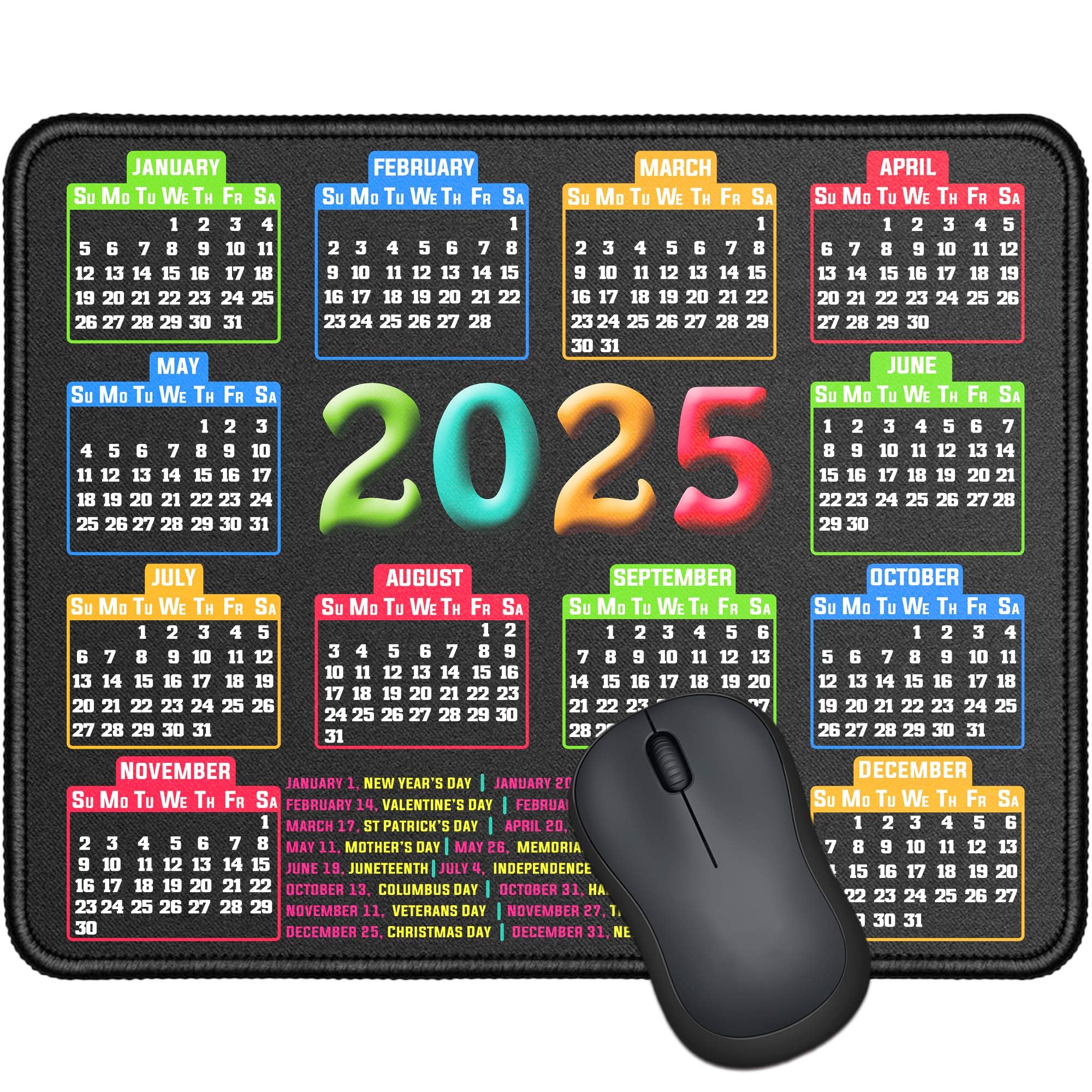 Premium Non-Slip Mouse Pad with Stitched Edges - 9.6x7.9x0.1 Inch Computer Mouse Mat with Rubber Base for Laptop & PC (2025 Calendar Black) - Perfect for Office, Gaming & Home Workspaces
