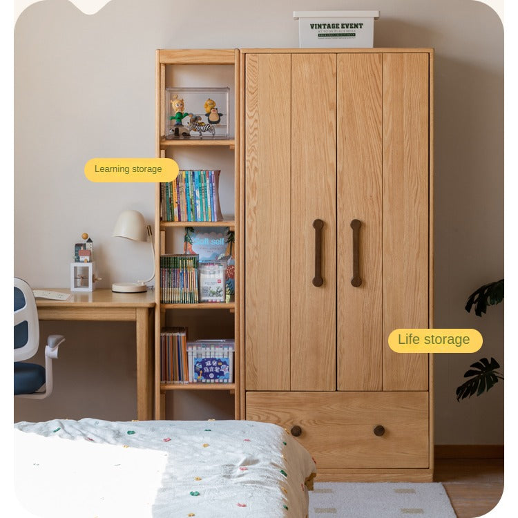 Premium Oak Solid Wood Kids Wardrobe - Multi-Functional Storage Organizer for Clothes, Toys & Books - Perfect for Bedroom, Nursery & Playroom Organization