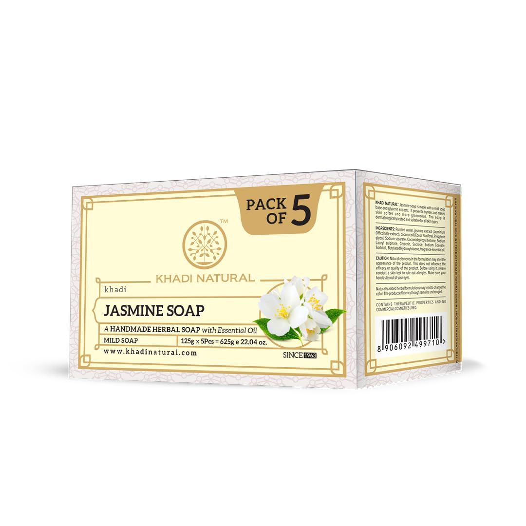 Khadi Natural Jasmine Soap - Herbal Bathing Bar with Essential Oils for Healthy Skin | Stress-Relieving & Moisturizing | Vegan, Cruelty-Free | Suitable for All Skin Types (Pack of 5, 5x125g) | Perfect for Daily Skincare Routine, Spa Day & Aromatherapy Relaxation