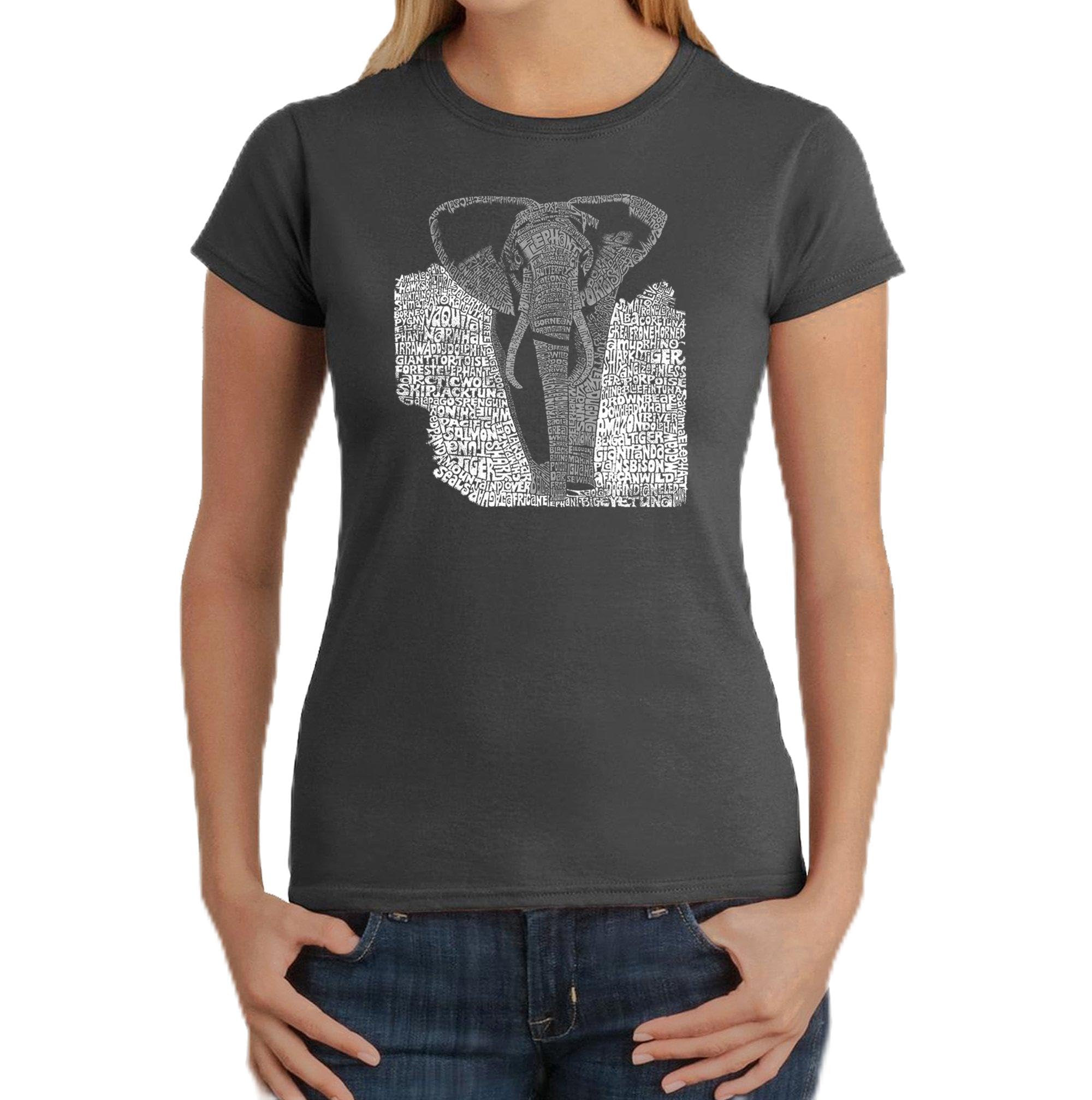 LA POP ART Women's Word Art T-Shirt with Elephant Design - Trendy Graphic Tee for Casual Wear, Street Style & Gift Giving