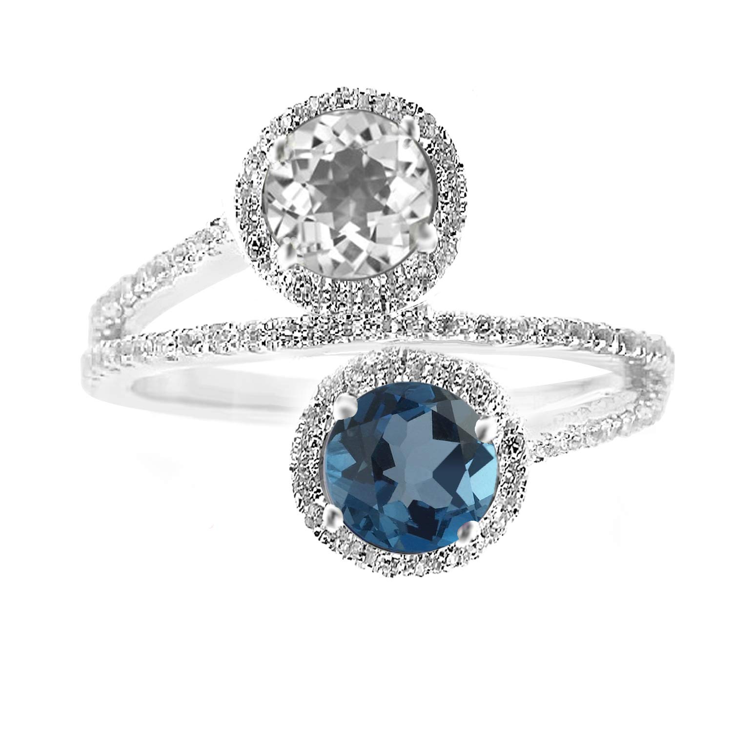 London Blue Topaz & White Topaz Sterling Silver Bypass Halo Ring | Elegant Wedding, Engagement & Anniversary Jewelry Gift