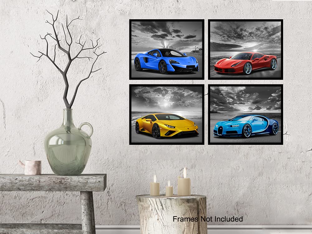 Lamborghini McLaren Ferrari Bugatti Sports Car Wall Art Posters - Boys Room Decor & Man Cave Wall Decor - Race Car Themed Garage & Bar Wall Art - Perfect for Coastal Beach Theme Bedrooms & Game Rooms
