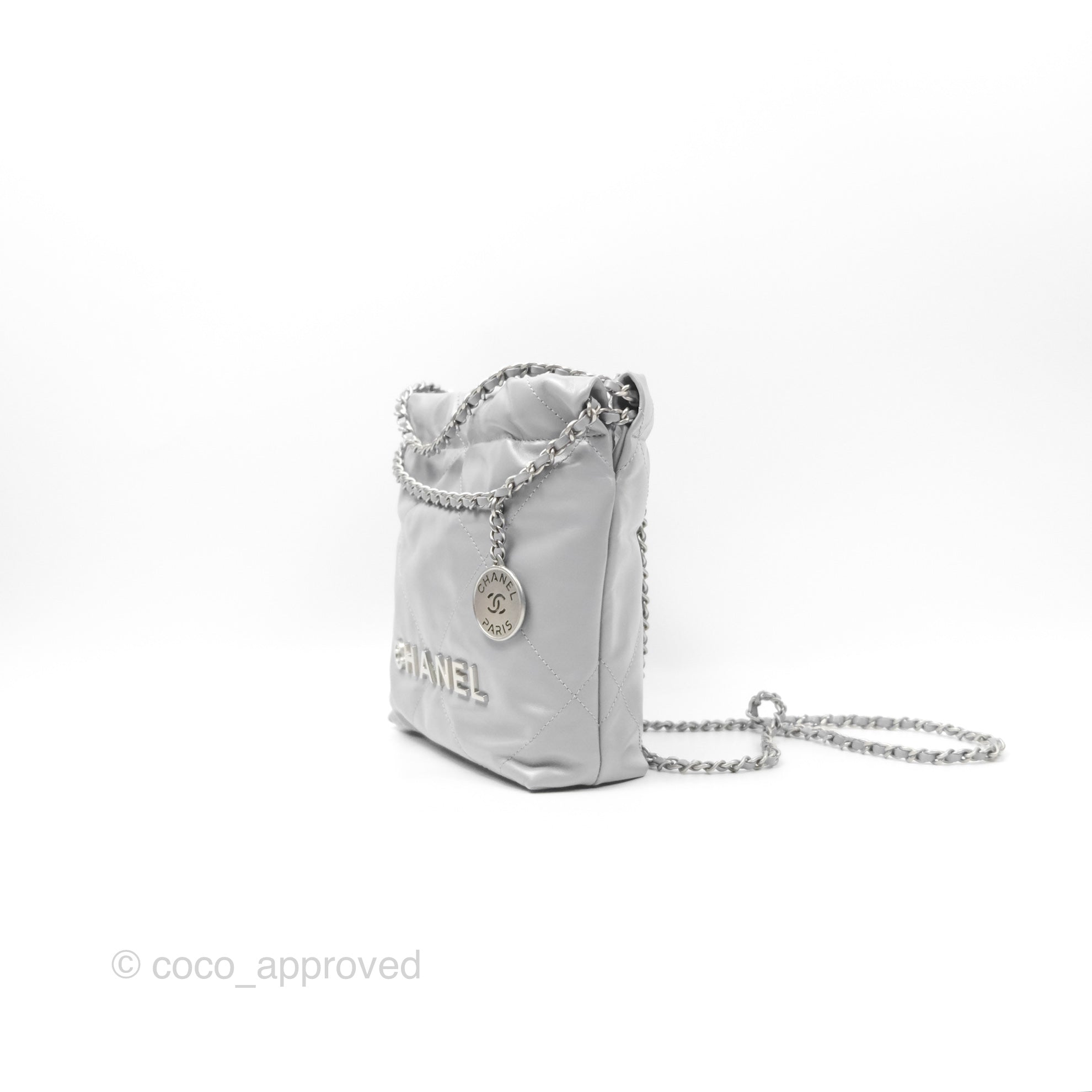 Chanel 22 Mini Bag Light Grey Shiny Crumpled Calfskin with Matte Silver Hardware - Luxury Crossbody Purse for Women, Perfect for Date Night & Evening Events