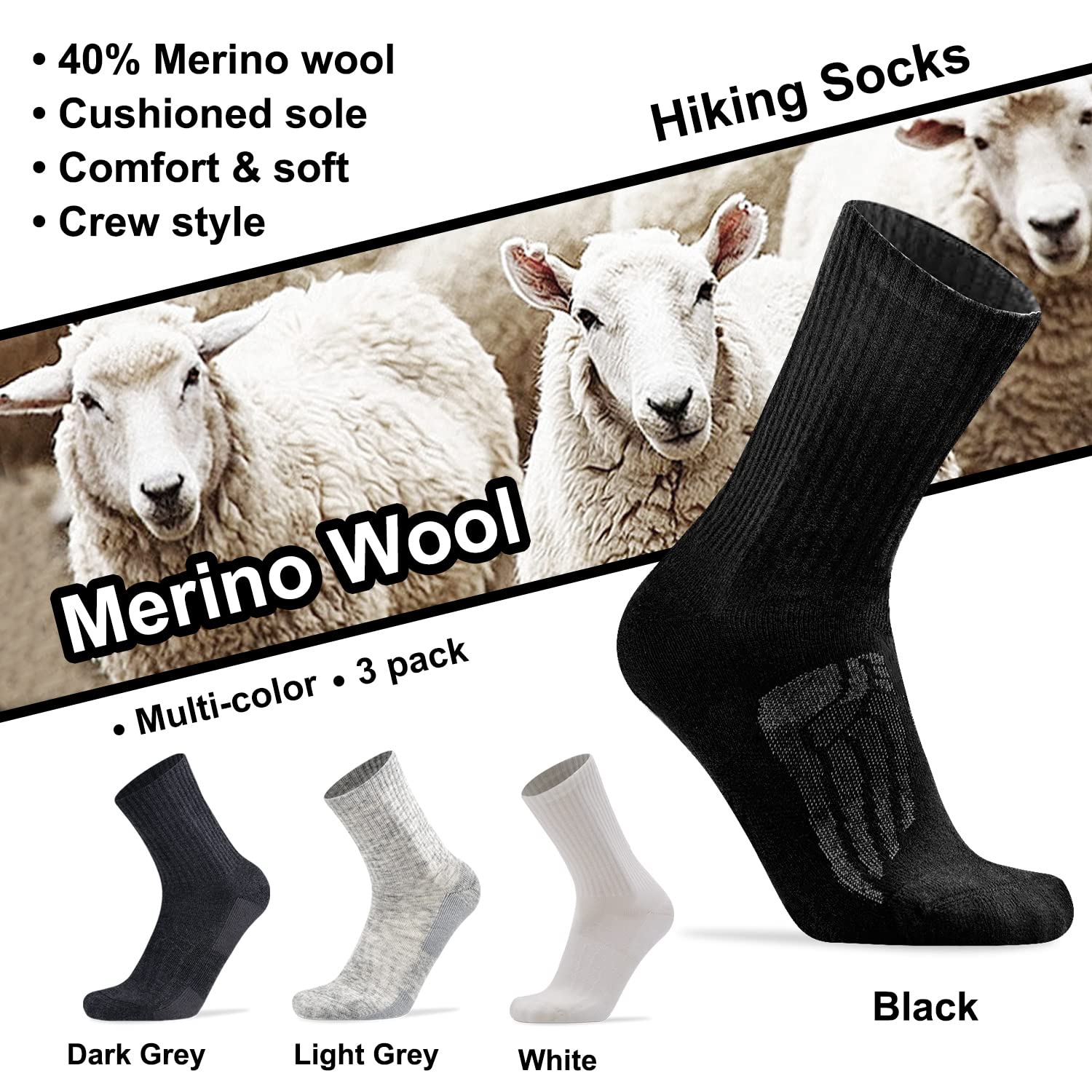 3 Pack Merino Wool Hiking Socks for Men & Women - Warm Thick Cushioned Crew Socks for Walking, Running & Outdoor Activities | Perfect for Hiking, Camping & Winter Sports