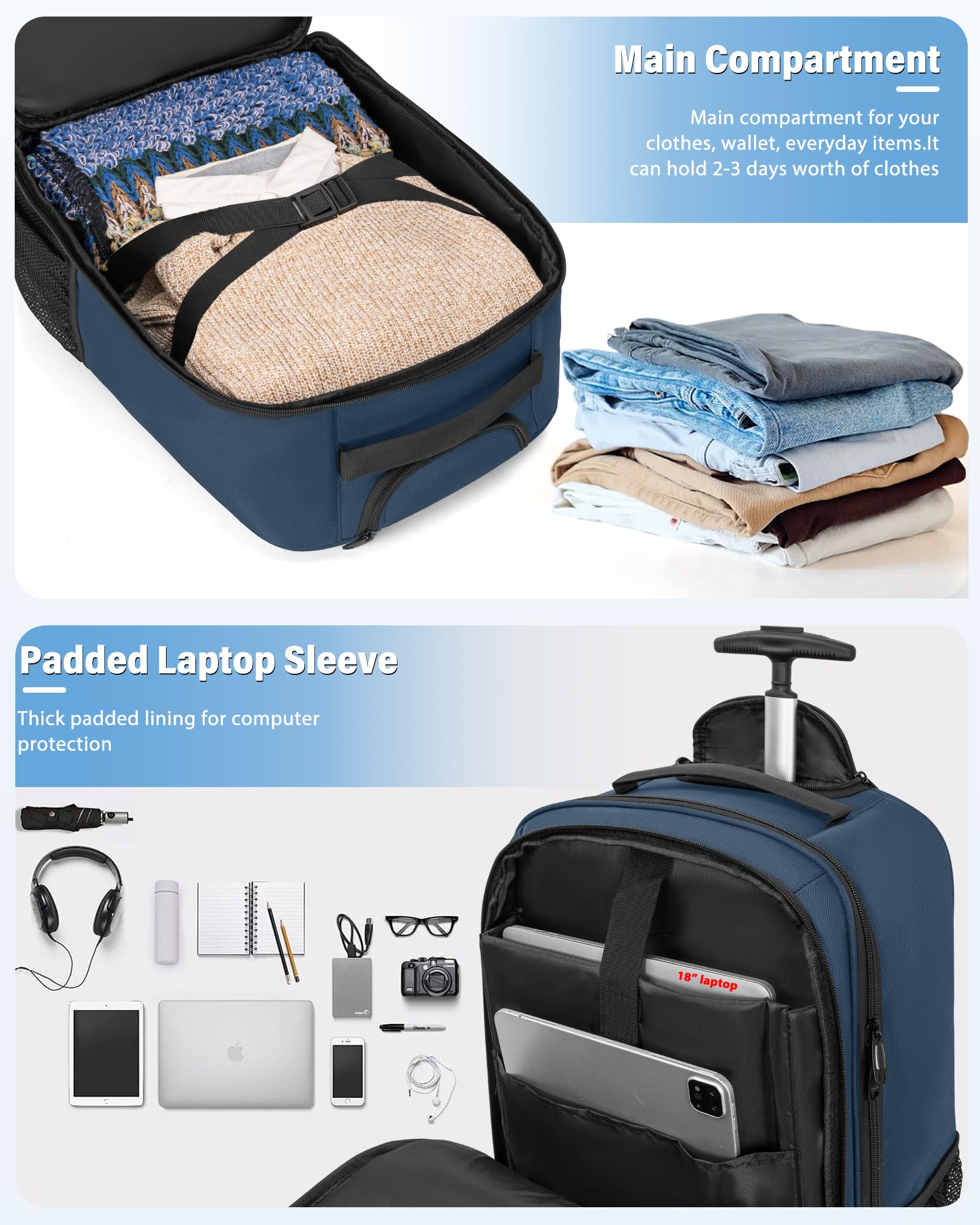 Waterproof Rolling Business Backpack with Wheels - Fits 18 Inch Laptop, Trolley Travel Bag for Commuters & Business Trips (Blue) - Perfect for Airports, Office & Daily Commute
